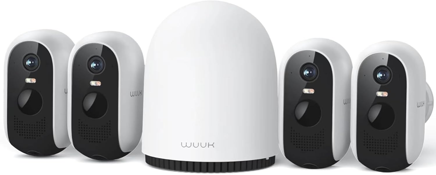 WUUK Outdoor Surveillance Camera, Battery, Indoor Surveillance, 2K, Without Subscription, 32 GB Local Memory, Night Vision, 2.4/5GHz WiFi, Compatible with Alexa & Google, Base Station + 4 Camera Set