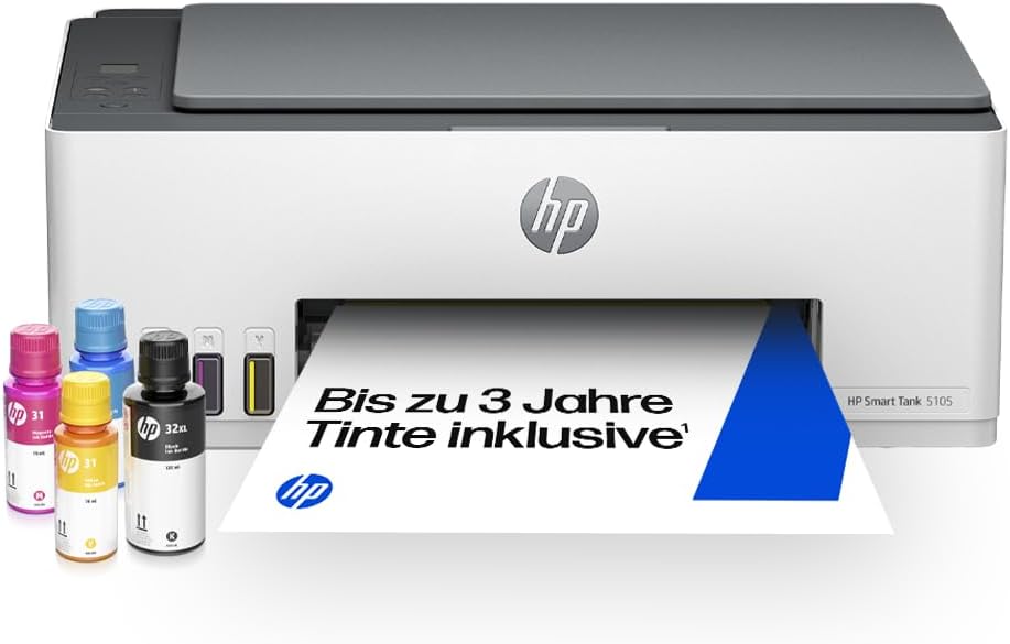 HP Smart Tank 5105 All-in-One-Drucker, Farbe, für Zuhause und Heimbüro, Kopieren, kabellos, großer Druckertank, Drucken von Smartphone oder Tablet, Scannen in PDF