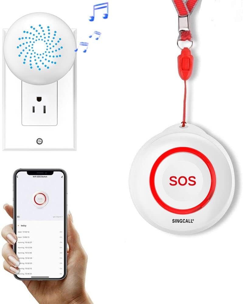 SINGCALL Tuya WiFi Smart Senioren-Notrufsystem für ältere Menschen/schwangere Frauen/Kinder, 1 wasserdichte Notruftaste (unterstützt 2,4 GHz WLAN) + 1 Plug-in-Empfänger