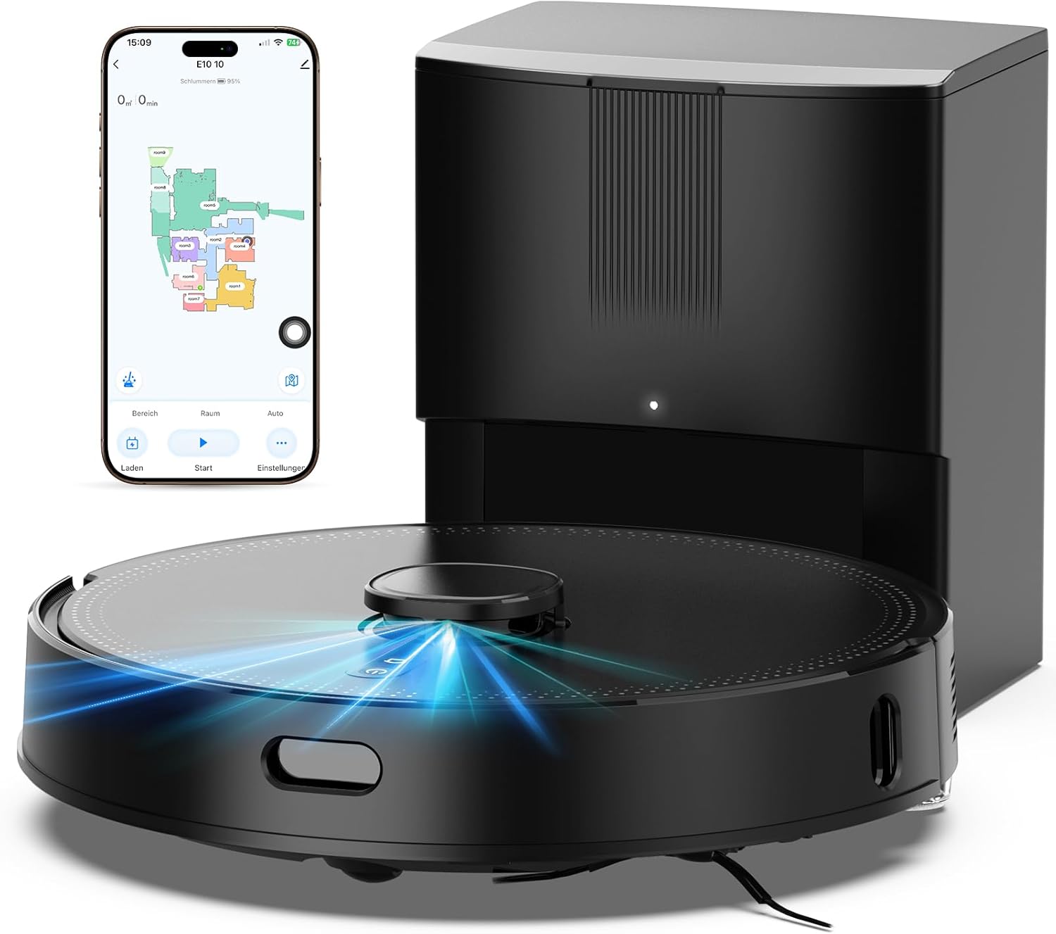 Saugroboter mit Wischfunktion, Staubsaugerroboter mit Saugstation 3,5 L, 5000 Pa Saugleistung, LiDAR-Navigation, E10+ Saug- und Wischroboter für Tierhaare, Teppichböden, ca