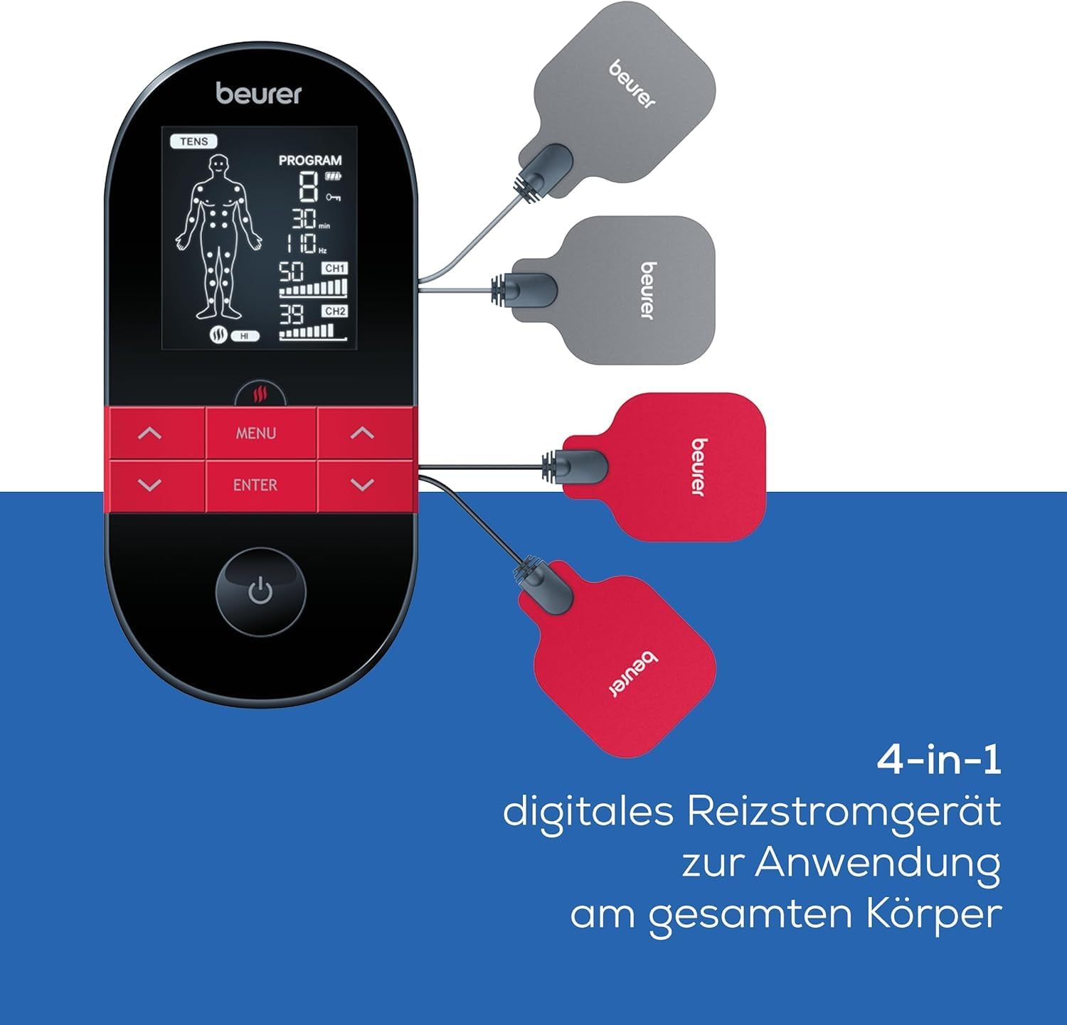 Beurer EM 59 Heat Digitales TENS/EMS-Gerät, 4-in-1 Reizstromgerät zur Schmerztherapie, Muskelstimulation, Massage und Wärmetherapie, inkl. 4 Elektroden und Akku – Bild 3
