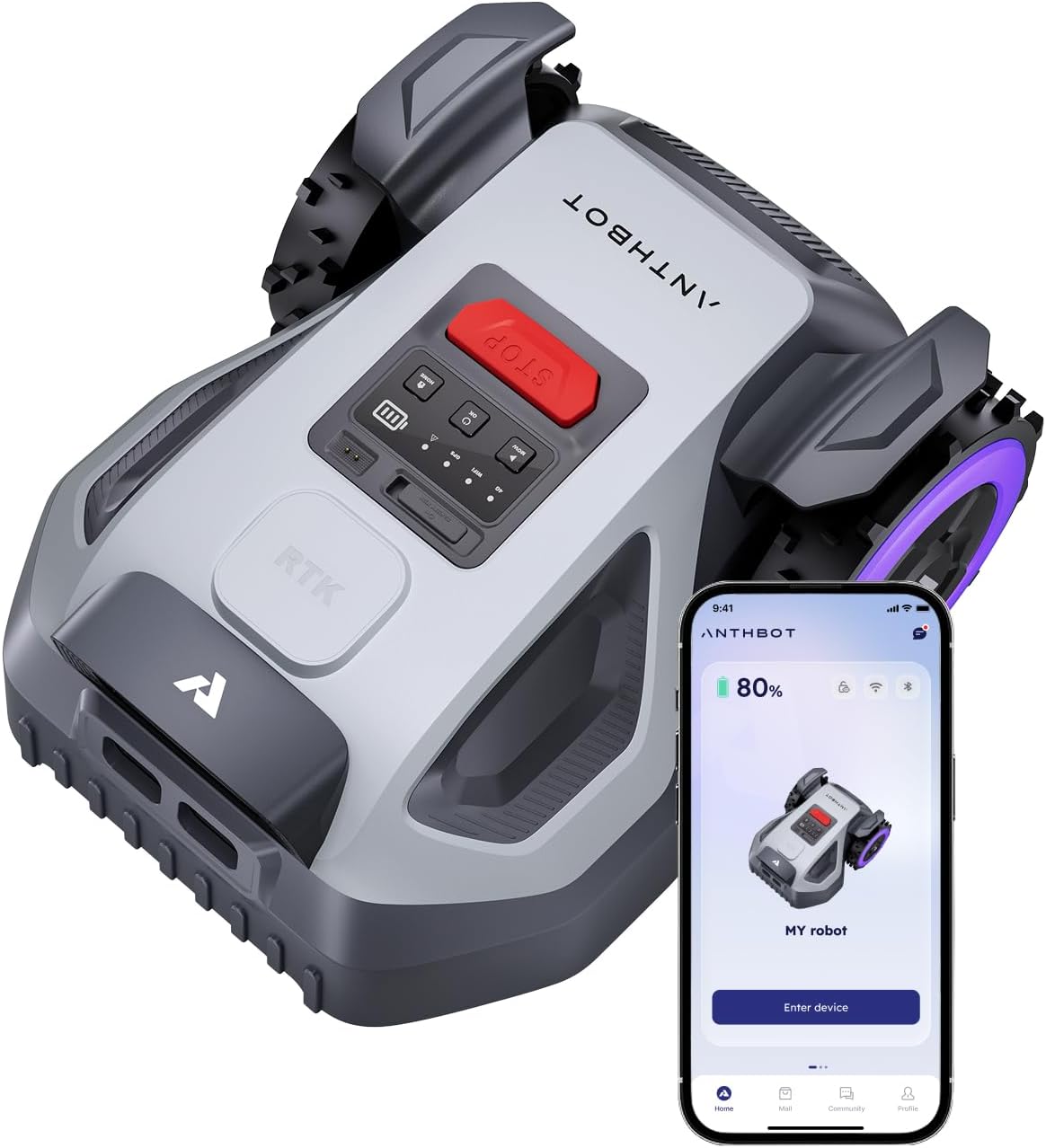 ANTHBOT M9 Robotic Lawnmower without Boundary Cable with Precise RTK Navigation and Dual Vision, AI Obstacle Avoidance, App Control, for Gardens up to 900 m², Compact Lawnmower Robot with 45% Incline