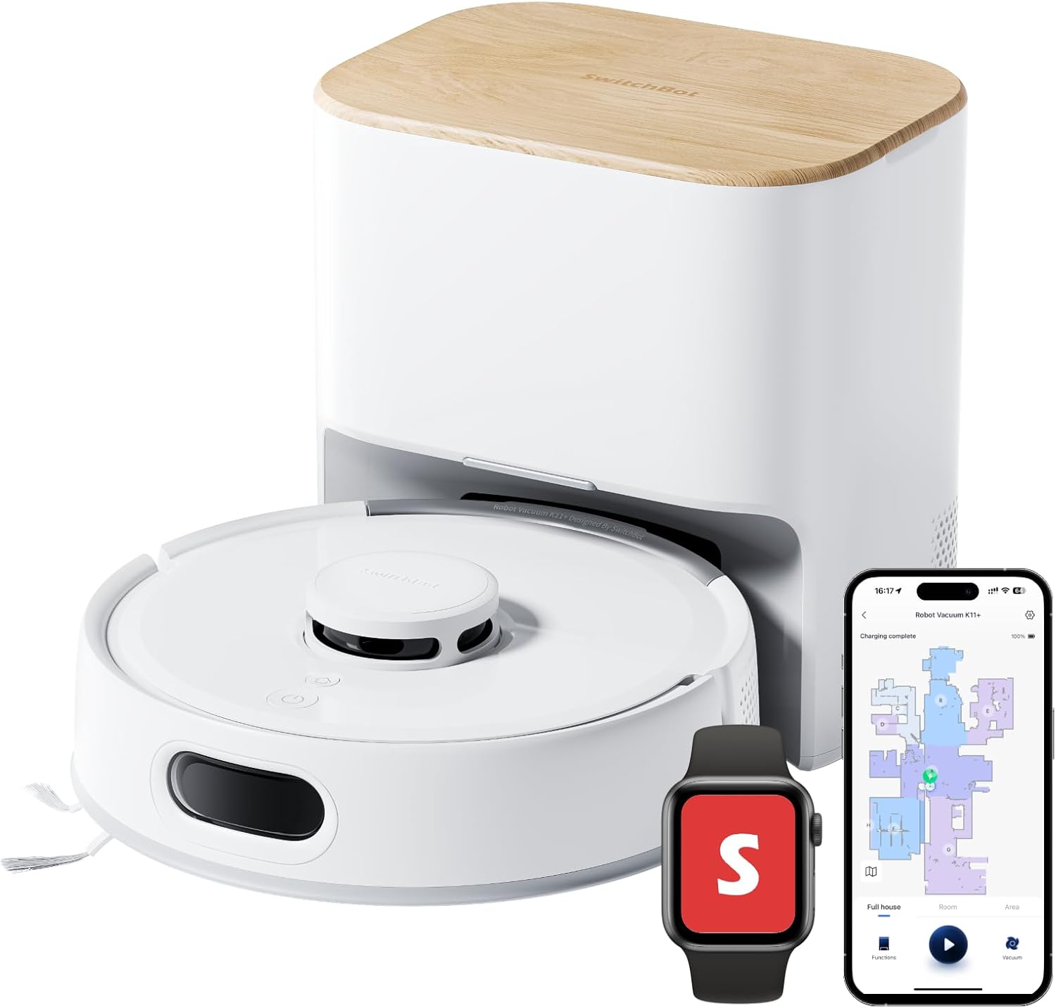 SwitchBot K11+ Staubsaugerroboter mit Wischfunktion, 6000 Pa Saugleistung, 90 Tage Staubaufnahme, selbstentleerend, LDS Smart Mapping, schlankes 3,6-Zoll-Design, kompatibel mit Apple Home, Alexa, Google Home und