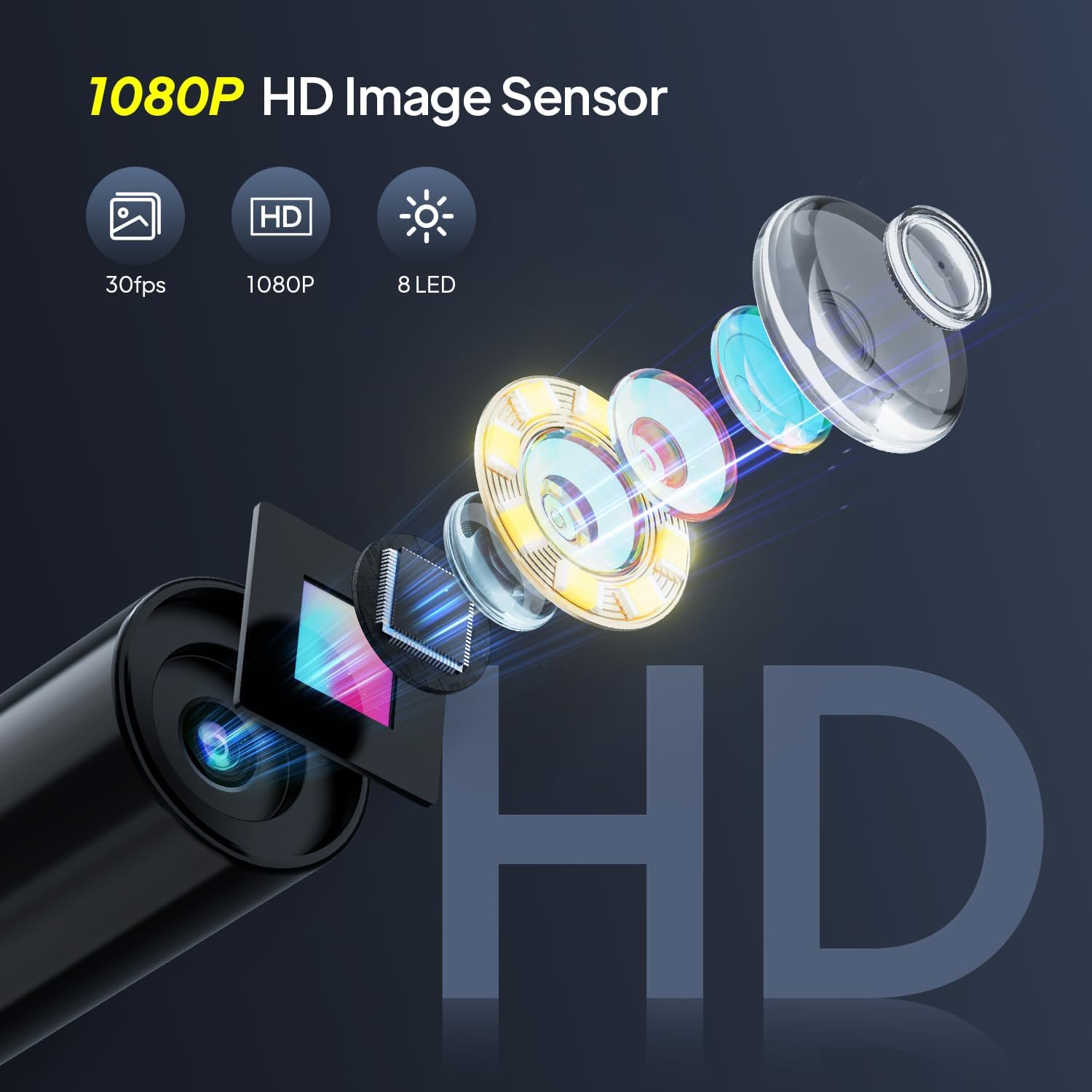 Qimic Endoskopkamera mit Licht, 1080P HD-Röhrenkamera mit 8 LEDs, 2,4-Zoll-IPS-IP67-Bildschirm, Inspektionskamera, Live-Bild mit 2-fachem Zoom, halbstarres Kabel, 16,4 Fuß, 2000-mAh-Akku – Bild 2