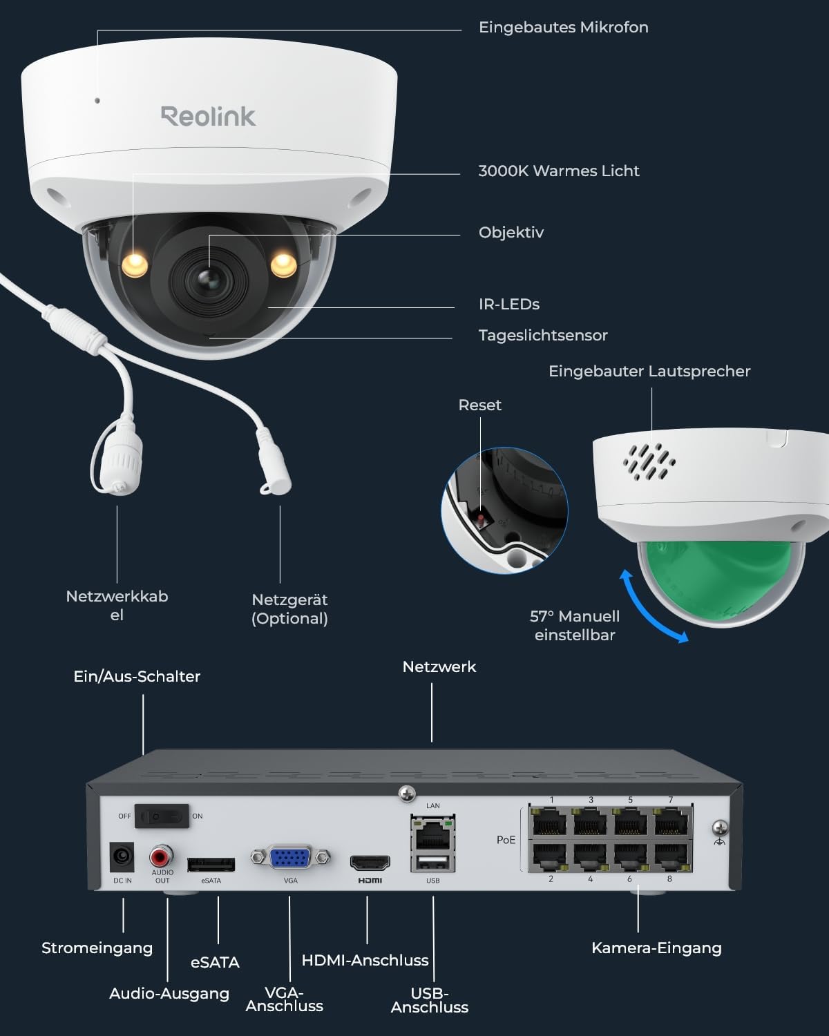 Reolink 12MP PoE-Überwachungskamera-Set mit 4x IK10 Vandalensicheren Außenkameras, 145° Weitwinkel, Farbnachtsicht, Personen-/Fahrzeug-/Tiererkennung, 2-Wege-Audio, 8CH NVR mit 2TB HDD, – Bild 9