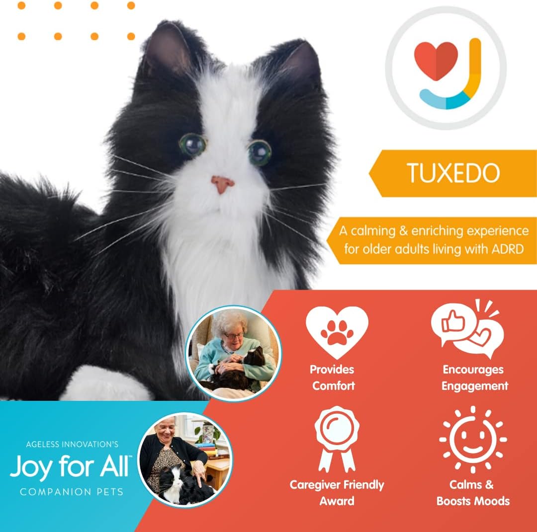 Ageless Innovation Joy For All Interaktive Haustierkatze – Lebensechtes, realistisches Haustier mit weichem Fell und beruhigendem Schnurren, kein Zusammenbau – Schwarz und Weiß – Bild 4