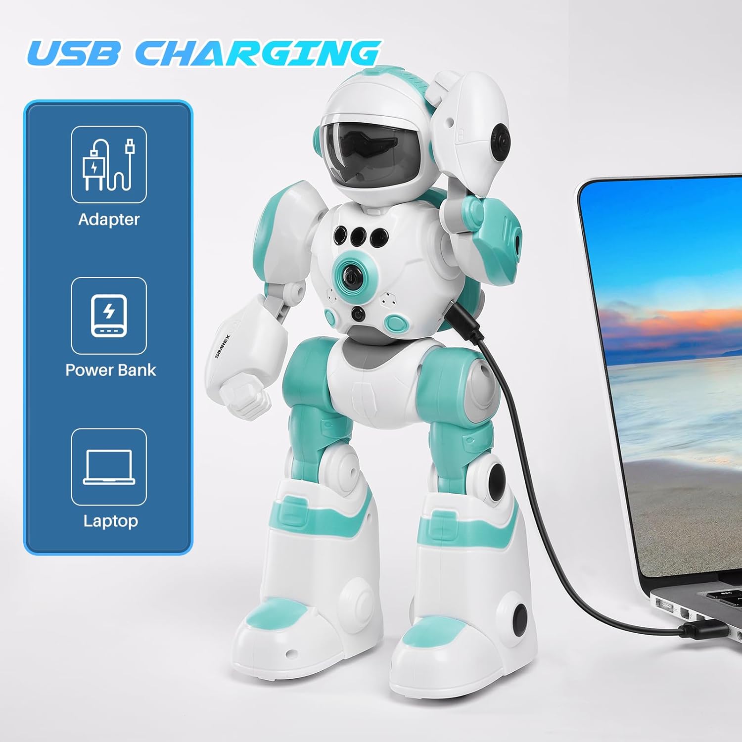 SIMREX Roboter-Kinderspielzeug, wiederaufladbar und projizierbar, RC-Roboter mit LED-Augen und Musik, RC-Spielzeug mit Gestensensor für Kinder im Alter von 3 4 5 6 7 8 Jahren als Geschenk für Jungen und Mädchen, Hellblau – Bild 7