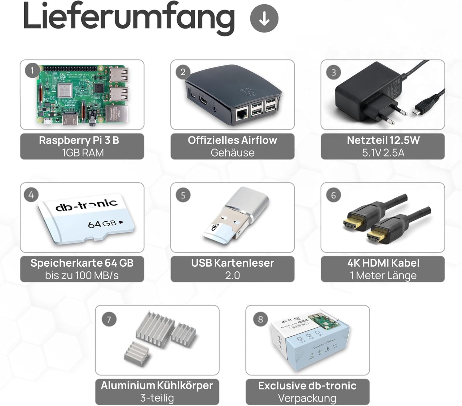 Raspberry Pi 3 B Starter-Set | Stromversorgung | Wohnen | 64GB-Edition | HDMI-Kabel 1 m | USB-Kartenleser | Kühlkörper | Raspberry Pi 3 B 1 GB RAM – Bild 2