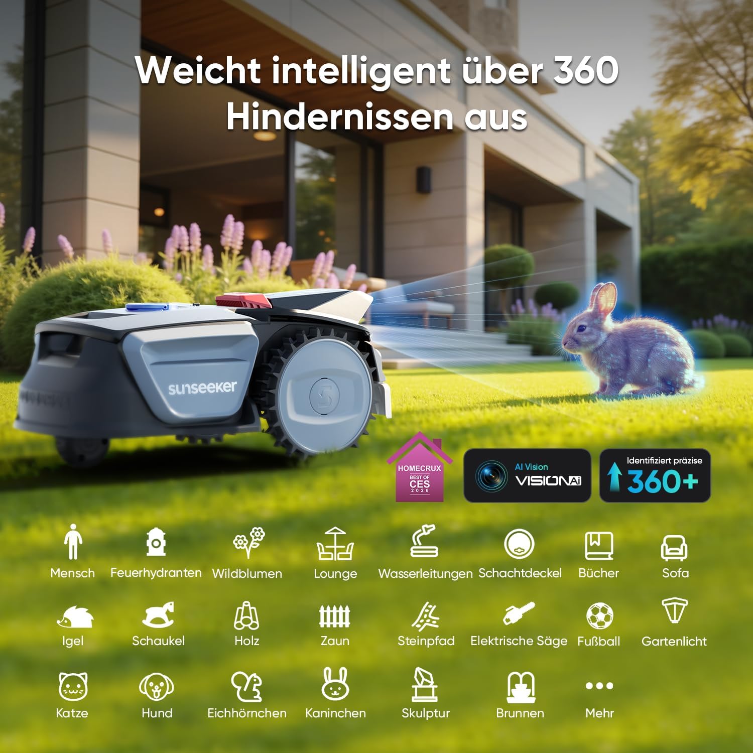 Sunseeker V1+Garage, Roboter-Rasenmäher ohne Begrenzungskabel, 300 m² für kleine Gärten, Vision AI Intelligente Navigation, Rasenroboter mit One-Click-Mähen – Bild 3