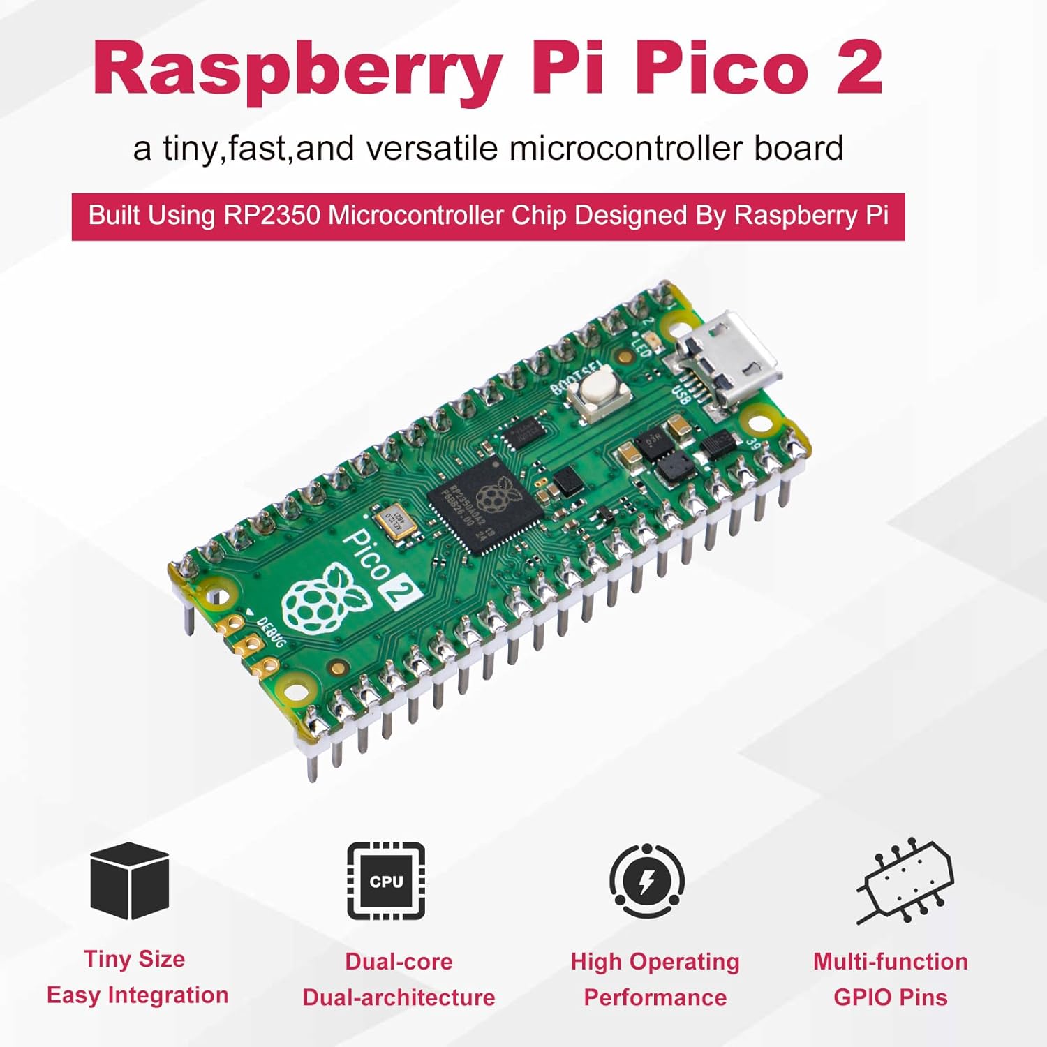 GeeekPi Vorverlötetes Raspberry Pi Pico 2 mit Header-USB-Kabel, RP2350 Mikrocontroller-Board, Mini-Board-Kit basierend auf RP2350-Chip, Dual-Core und Dual-Architektur, unterstützt C/C++/Python – Bild 2