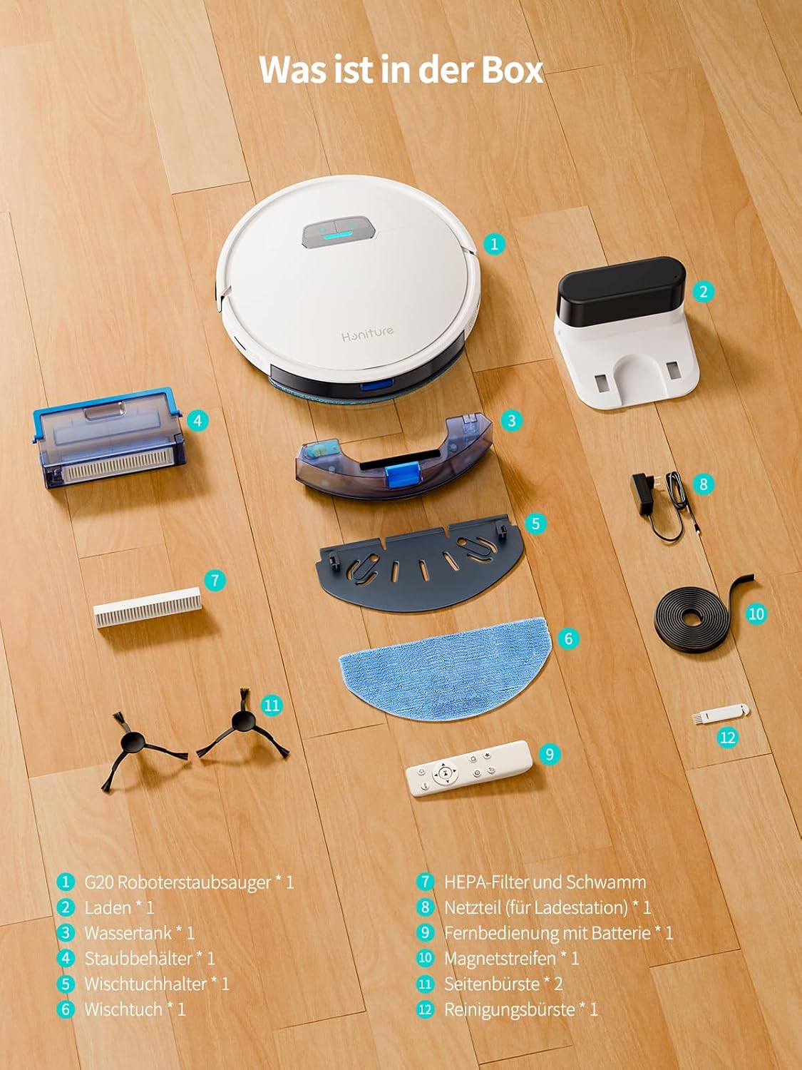 HONITURE Roboterstaubsauger mit Wischfunktion, G20 Roboterstaubsauger mit 4000Pa starker Saugkraft, Kehren, Staubsaugen, Wischen 3-in-1-Roboterstaubsauger, für Tierhaare, Teppiche, Hartböden, Sprachsteuerung, Fernbedienung – Bild 7