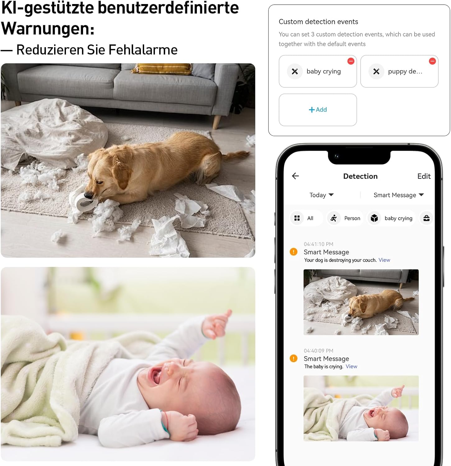 WLAN-Überwachungskamera für den Innenbereich, 360°-Kameraüberwachung mit KI-Bewegungserkennung, individuelle Szenariowarnungen, Zwei-Wege-Audio, funktioniert mit Alexa, 2,4 GHz, 2 Stück – Bild 3