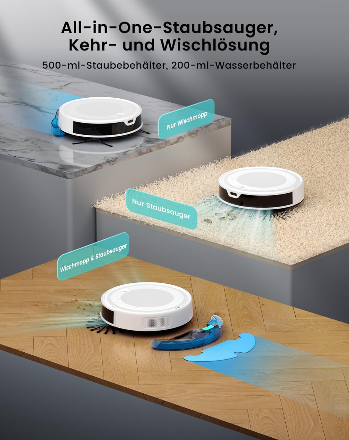 LEFANT Staubsaugerroboter mit Wischfunktion, ultradünn, Staubsaugerroboter Anti-Tangle, präzise Hindernisvermeidung, App, Alexa-Steuerung für Tierhaare, Teppiche, M310 Ultra White – Bild 2