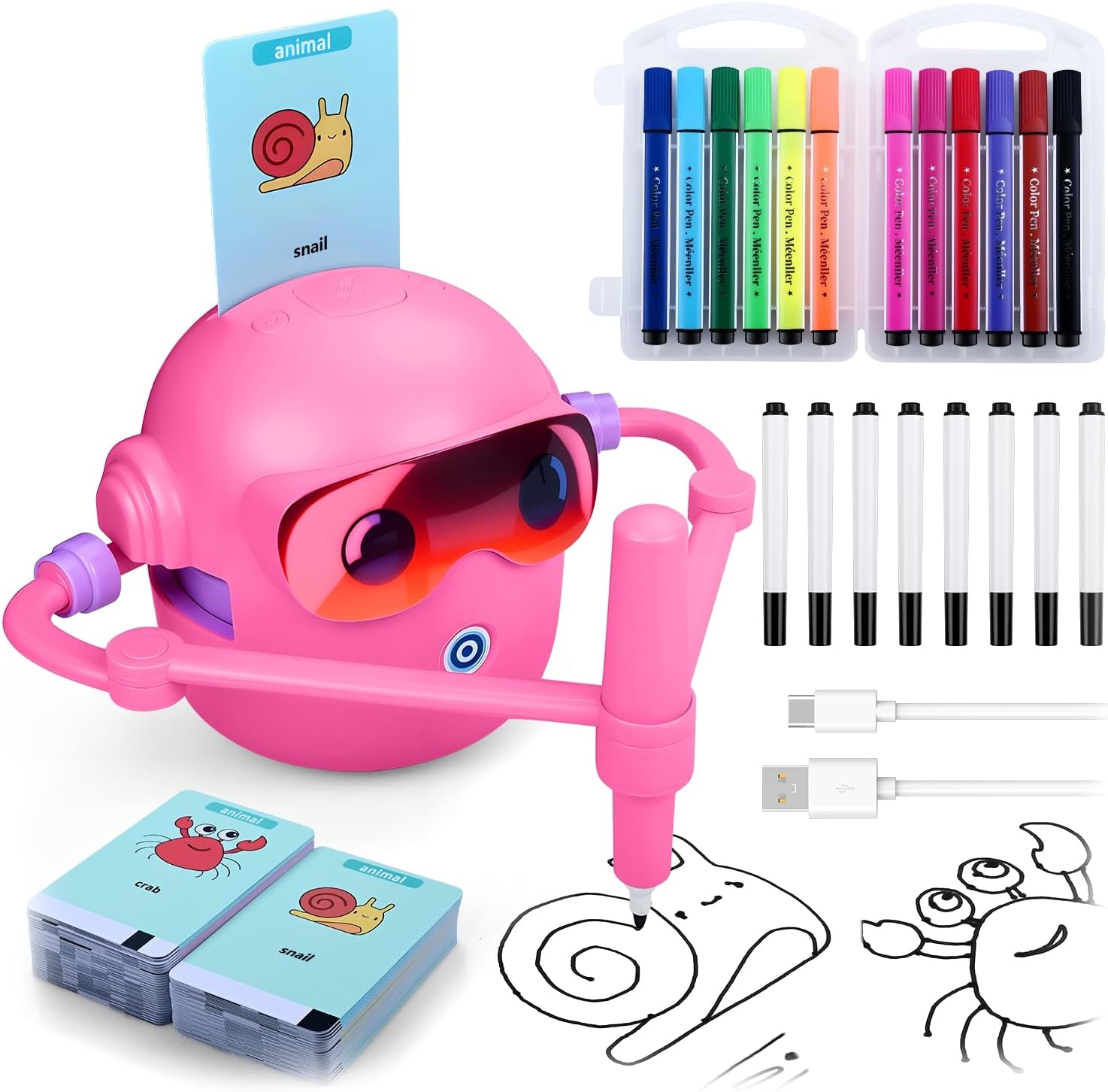 MMOBIEL Zeichenroboter für Kinder, Interaktives Lernspielzeug mit 100 Zeichenkarten, Sprachführung, 12 Buntstiften & USB-C-Akku, Kreatives Geschenk für Kinder von 3-9 Jahren, Rosa