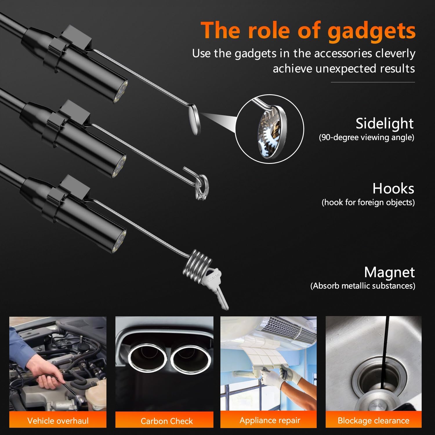 Qimic Endoskopkamera mit Licht, 1080P HD-Röhrenkamera mit 8 LEDs, 2,4-Zoll-IPS-IP67-Bildschirm, Inspektionskamera, Live-Bild mit 2-fachem Zoom, halbstarres Kabel, 16,4 Fuß, 2000-mAh-Akku – Bild 7