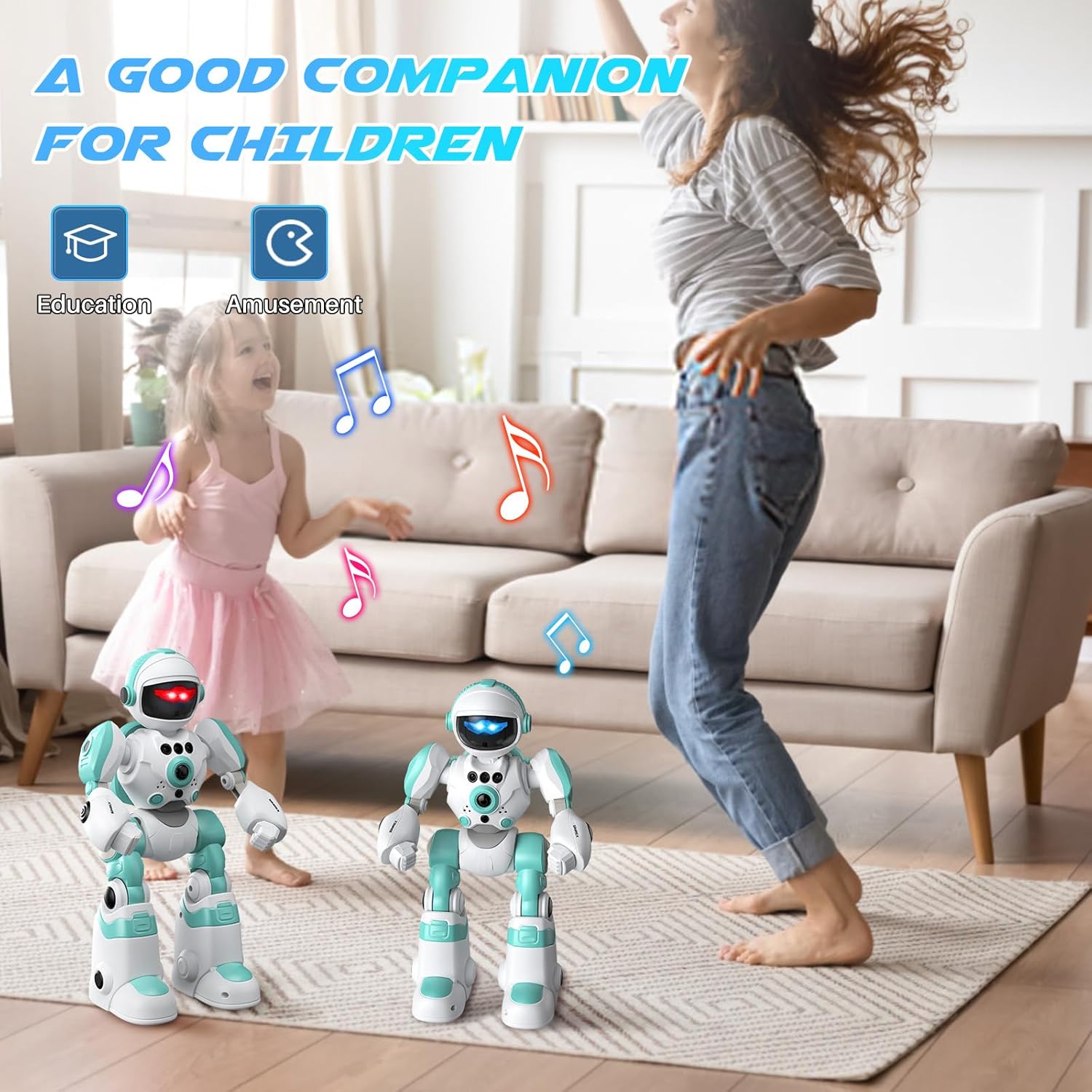 SIMREX Roboter-Kinderspielzeug, wiederaufladbar und projizierbar, RC-Roboter mit LED-Augen und Musik, RC-Spielzeug mit Gestensensor für Kinder im Alter von 3 4 5 6 7 8 Jahren als Geschenk für Jungen und Mädchen, Hellblau – Bild 4