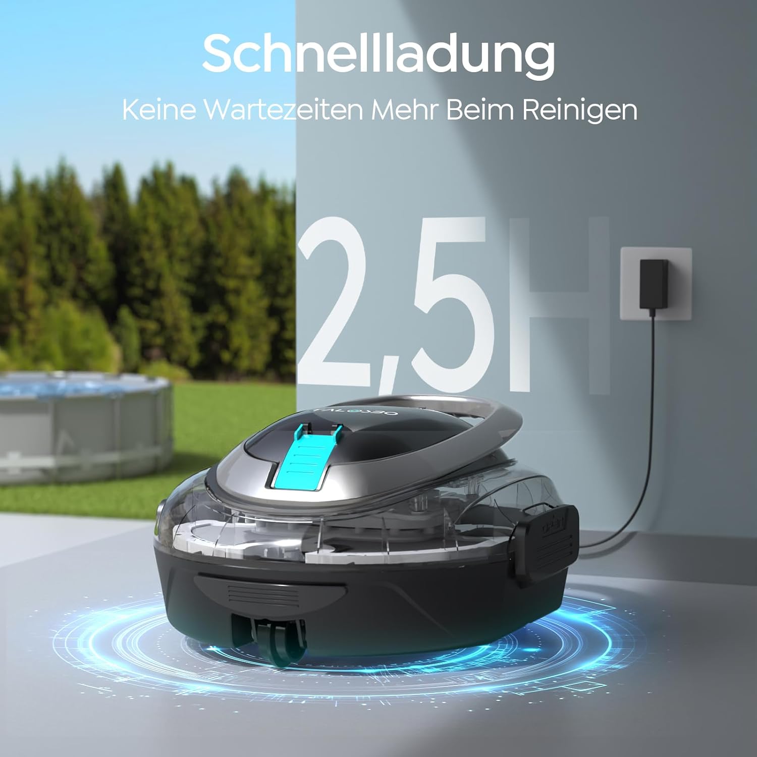 S2 Poolroboter, Doppelfiltration, kabelloser Poolstaubsauger, Akku, 90-minütige automatische Reinigung mit Selbstparkfunktion, Poolreiniger mit zwei Motoren für flache Böden, Pools bis zu 80 m² – Bild 5