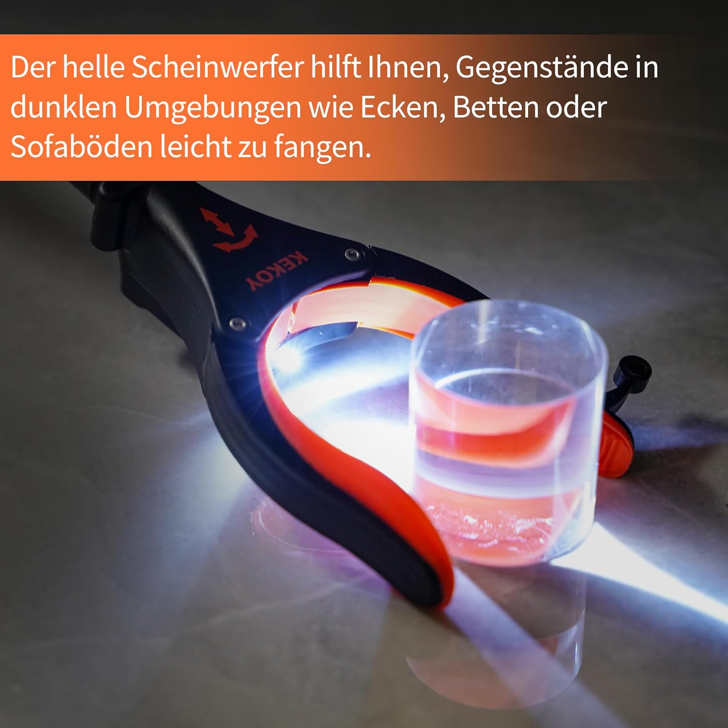 Kekoy 112 cm Greifer mit Licht, faltbarer Greifer für Senioren, Greifzange, drehbarer Kopf, Greifhilfe für Senioren mit Magnet, langes Greifwerkzeug mit Magnetspitzen (Orange, 1 Stück) – Bild 2