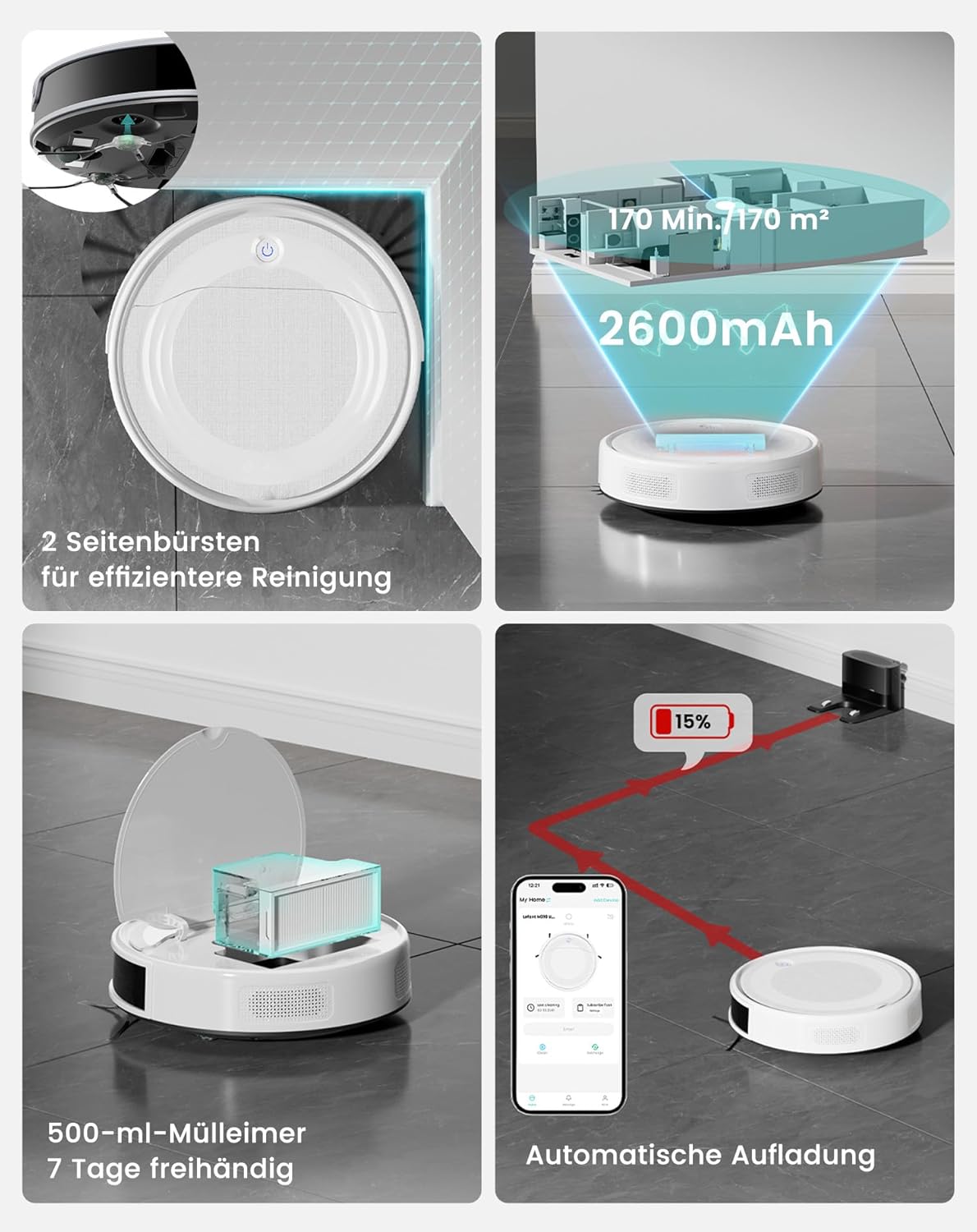 LEFANT Staubsaugerroboter mit Wischfunktion, ultradünn, Staubsaugerroboter Anti-Tangle, präzise Hindernisvermeidung, App, Alexa-Steuerung für Tierhaare, Teppiche, M310 Ultra White – Bild 7