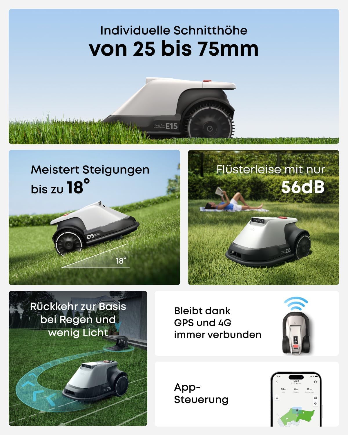 eufy E15 Roboter-Rasenmäher ohne Begrenzungskabel, keine Signalausfälle, kein RTK, TrueVision-Technologie, intelligente Navigation, Garten bis zu 800 m², präziser Kantenschnitt, Hindernisvermeidung, App-Steuerung – Bild 8