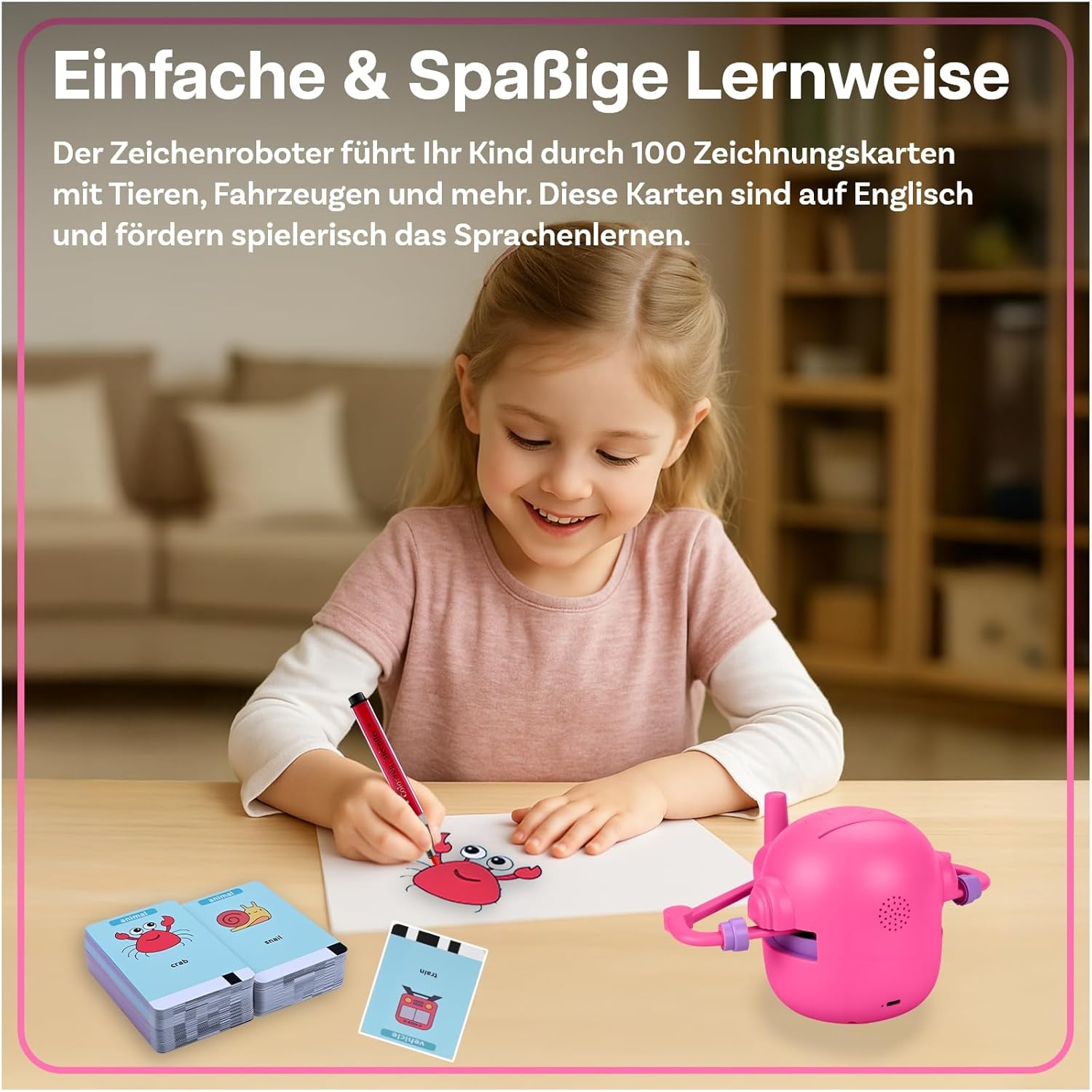 MMOBIEL Zeichenroboter für Kinder, Interaktives Lernspielzeug mit 100 Zeichenkarten, Sprachführung, 12 Buntstiften & USB-C-Akku, Kreatives Geschenk für Kinder von 3-9 Jahren, Rosa – Bild 5