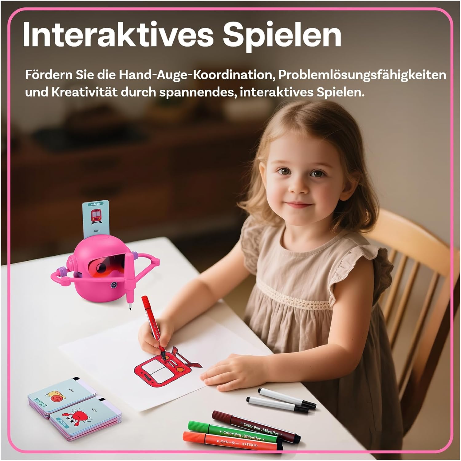 MMOBIEL Zeichenroboter für Kinder, Interaktives Lernspielzeug mit 100 Zeichenkarten, Sprachführung, 12 Buntstiften & USB-C-Akku, Kreatives Geschenk für Kinder von 3-9 Jahren, Rosa – Bild 3