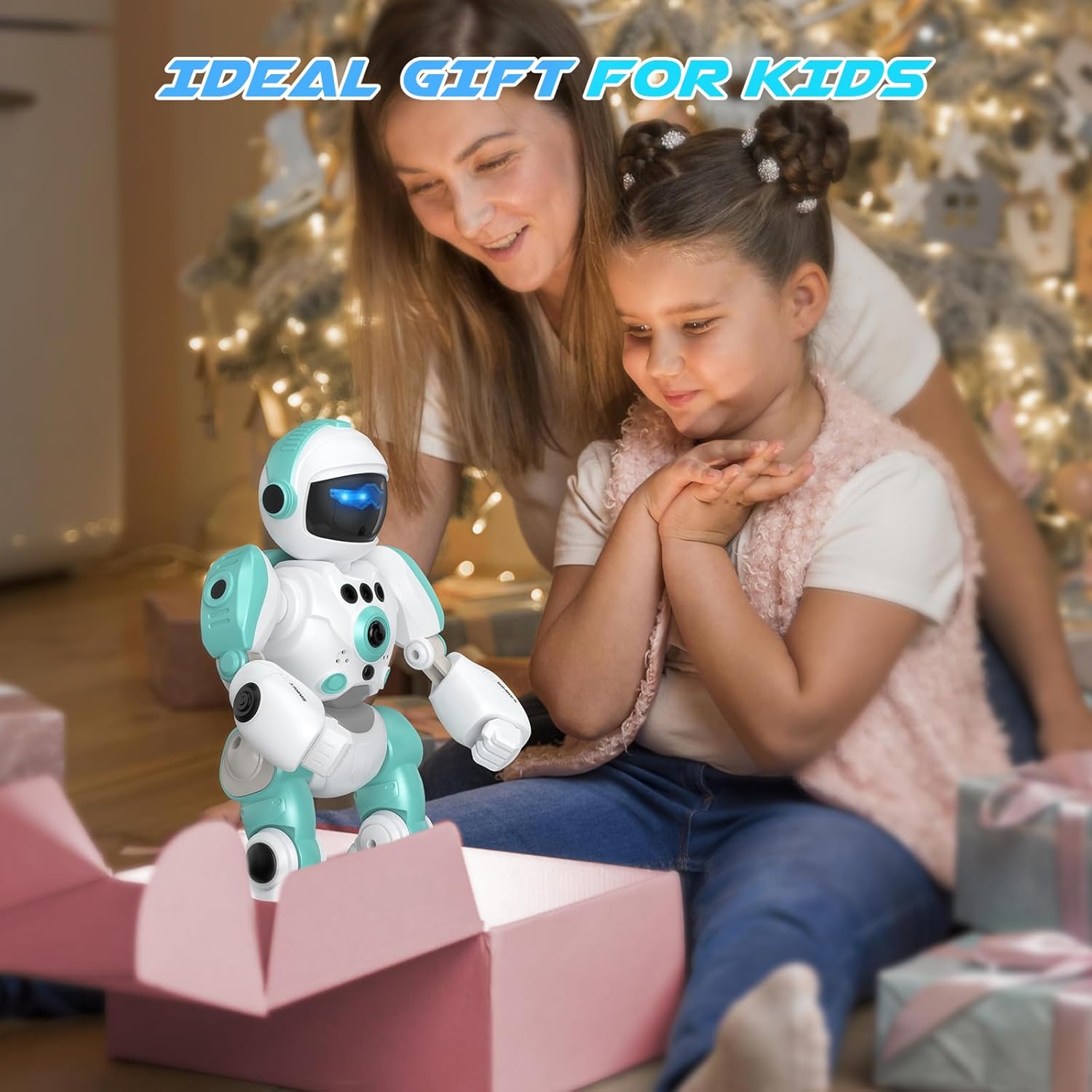 SIMREX Roboter-Kinderspielzeug, wiederaufladbar und projizierbar, RC-Roboter mit LED-Augen und Musik, RC-Spielzeug mit Gestensensor für Kinder im Alter von 3 4 5 6 7 8 Jahren als Geschenk für Jungen und Mädchen, Hellblau – Bild 6
