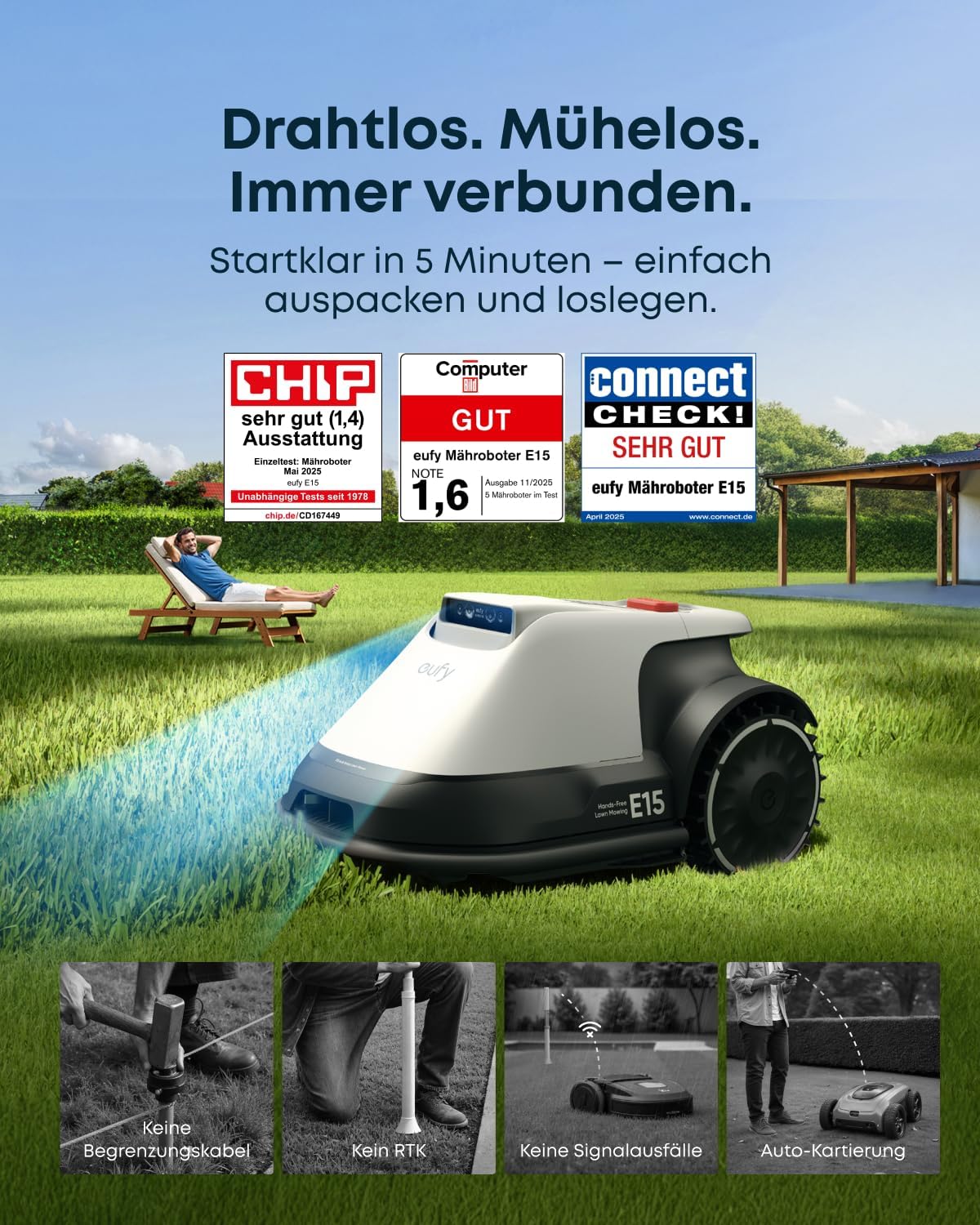 eufy E15 Roboter-Rasenmäher ohne Begrenzungskabel, keine Signalausfälle, kein RTK, TrueVision-Technologie, intelligente Navigation, Garten bis zu 800 m², präziser Kantenschnitt, Hindernisvermeidung, App-Steuerung – Bild 2