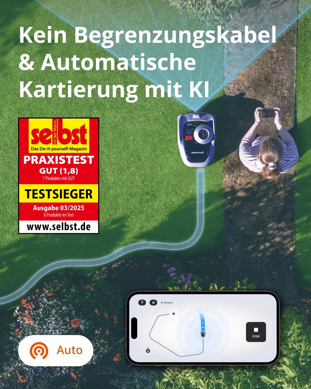 Navimow i105E Mähroboter ohne Begrenzungskabel, Aufnahme 500 m², max. 600 m², RTK+Vision Rasenmäher-Roboter-Testsieger, Igelschutz-Rasenroboter, AI Car Mapping – Bild 2