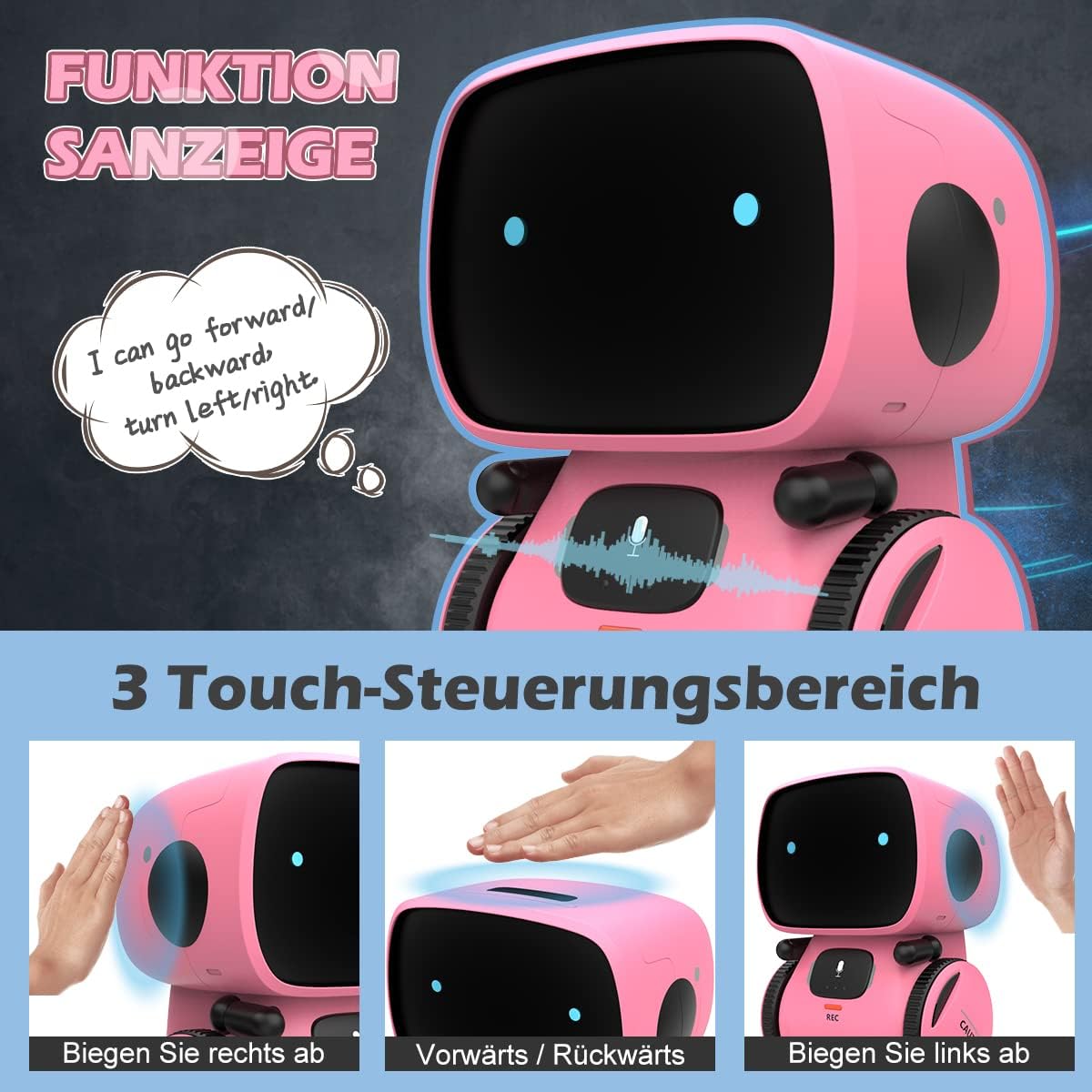 Remoking Intelligentes Roboter-Kinderspielzeug, interaktives Roboter-Lernspielzeug, Geschenke für Jungen und Mädchen, Touch-Steuerung, Sprachaufzeichnung, Sprachaufzeichnung, Sprechen, Tanzen, Musik, Pink – Bild 2