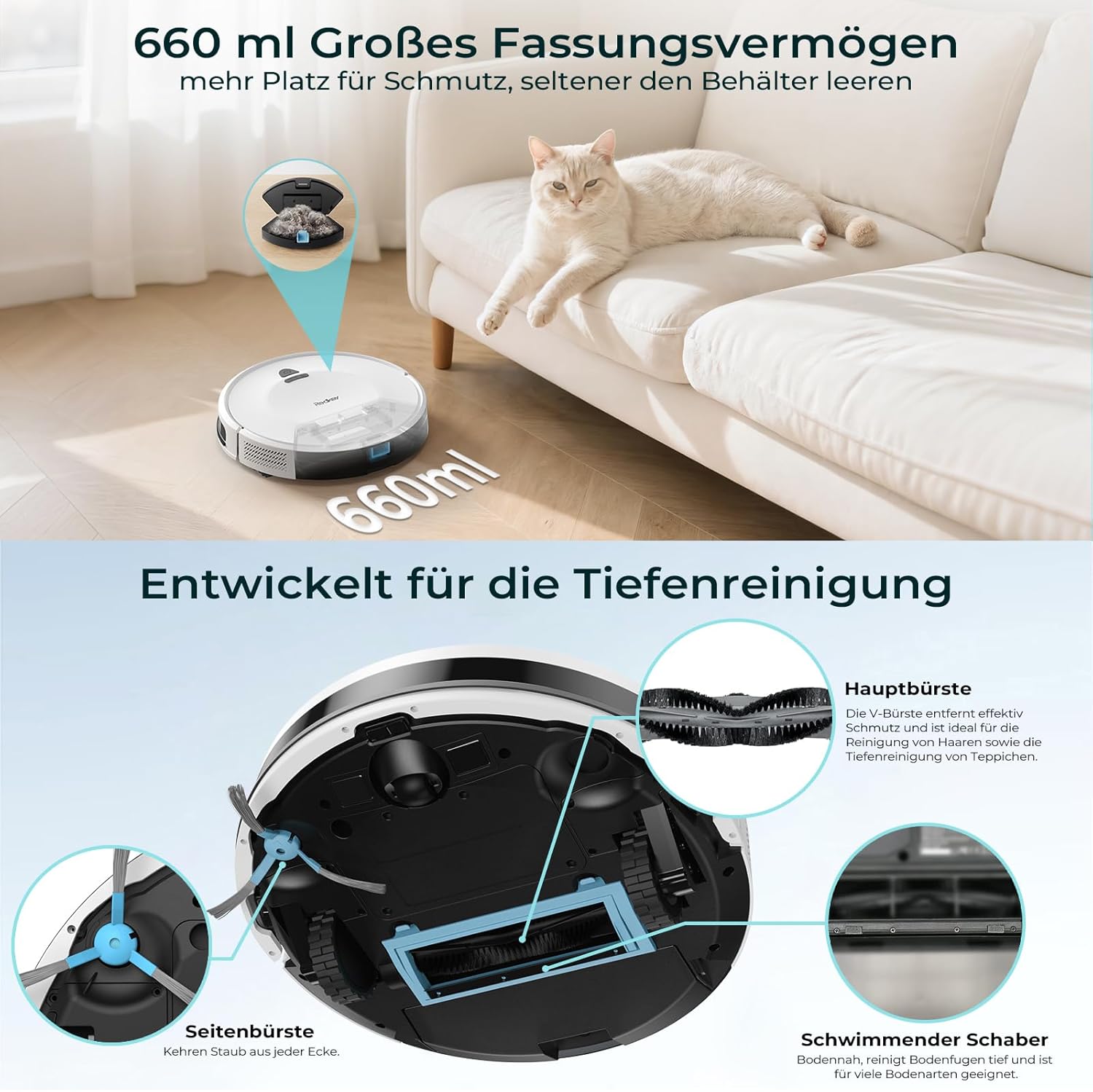 Redkey E6 Saugroboter mit 7000 Pa Saugleistung, dynamischer Navigation, bis zu 170 Minuten Laufzeit, Saugroboter mit Ladestation, Fernbedienung und App, ideal für Tierhaare – Bild 8