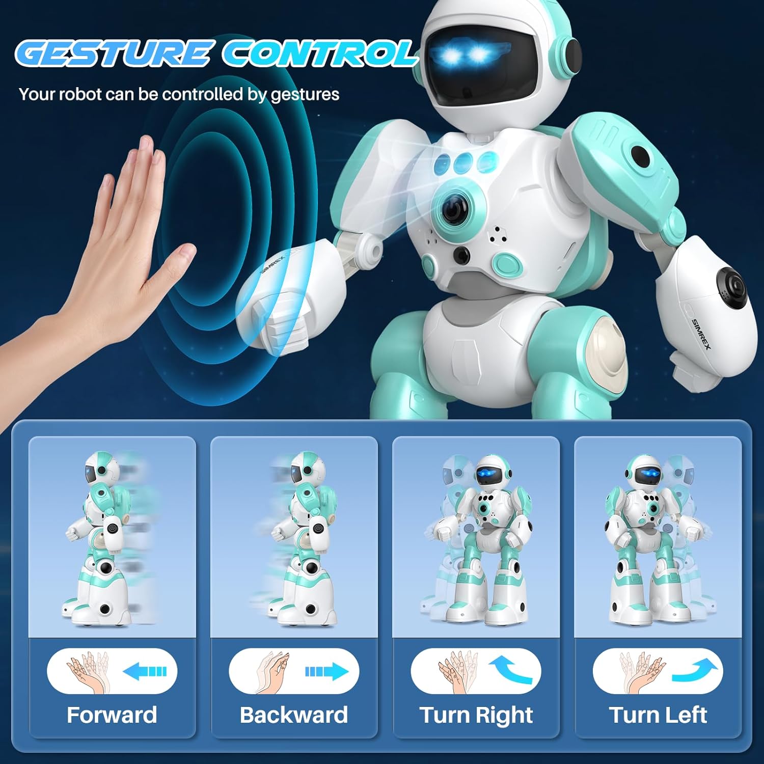 SIMREX Roboter-Kinderspielzeug, wiederaufladbar und projizierbar, RC-Roboter mit LED-Augen und Musik, RC-Spielzeug mit Gestensensor für Kinder im Alter von 3 4 5 6 7 8 Jahren als Geschenk für Jungen und Mädchen, Hellblau – Bild 2