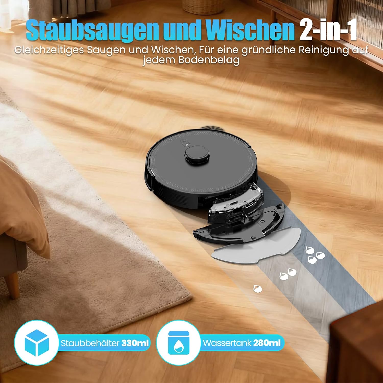 Saugroboter mit Wischfunktion, Staubsaugerroboter mit Saugstation 3,5 L, 5000 Pa Saugleistung, LiDAR-Navigation, E10+ Saug- und Wischroboter für Tierhaare, Teppichböden, ca – Bild 5