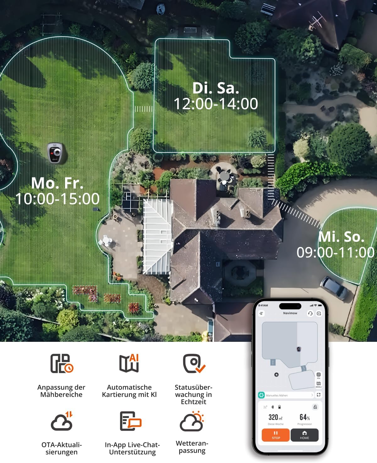Navimow i105E Mähroboter ohne Begrenzungskabel, Aufnahme 500 m², max. 600 m², RTK+Vision Rasenmäher-Roboter-Testsieger, Igelschutz-Rasenroboter, AI Car Mapping – Bild 5