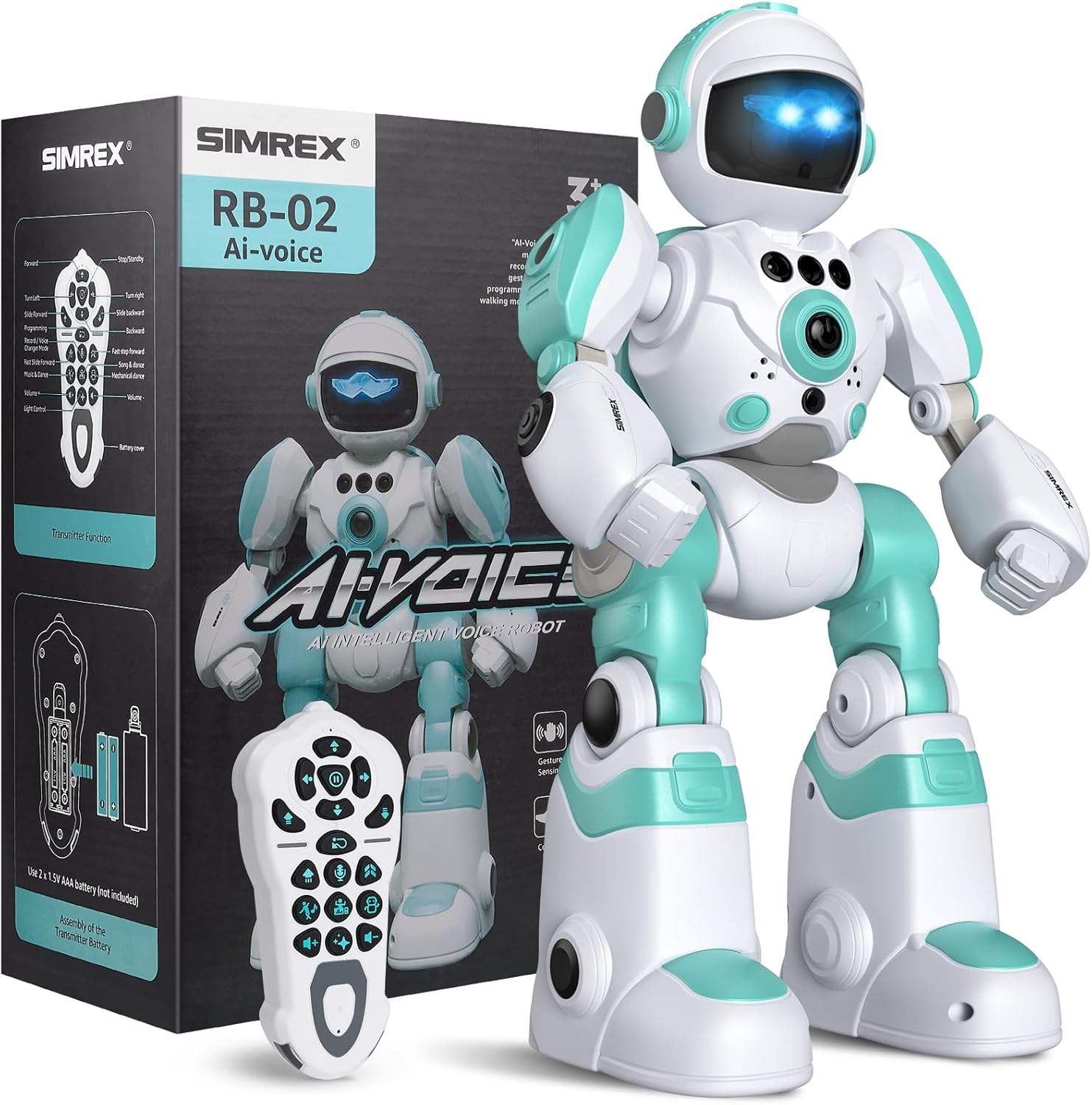 SIMREX Roboter-Kinderspielzeug, wiederaufladbar und projizierbar, RC-Roboter mit LED-Augen und Musik, RC-Spielzeug mit Gestensensor für Kinder im Alter von 3 4 5 6 7 8 Jahren als Geschenk für Jungen und Mädchen, Hellblau