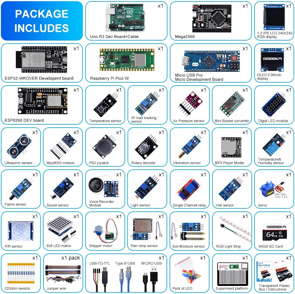 GeeekPi Komplettes ultimatives Starter-Kit für Arduino UNO R3 Mega 2560, ESP32-WROVER, ESP8266, inklusive variabler MCU-Entwicklungsplatinen, für die Herstellung kleiner intelligenter Geräte, IoT-Prototypen, Smart Home und andere Anwendungen – Bild 2