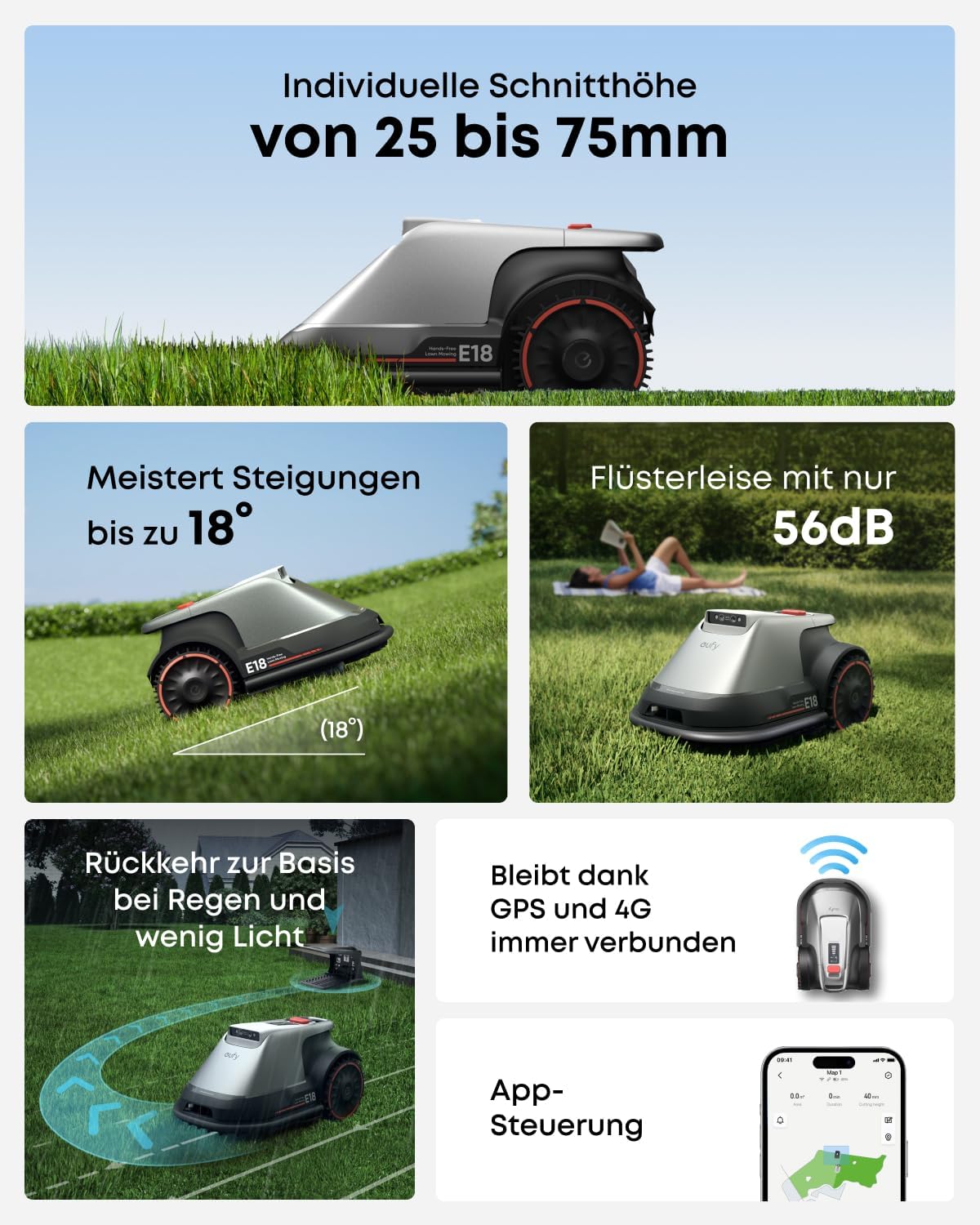 eufy E18 Mähroboter ohne Begrenzungskabel, ohne RTK und Signalausfälle, TrueVision-Technologie, GNSS bis 1200 m², präziser Kantenschnitt, Hindernisvermeidung, App-Steuerung, tierfreundlich – Bild 8