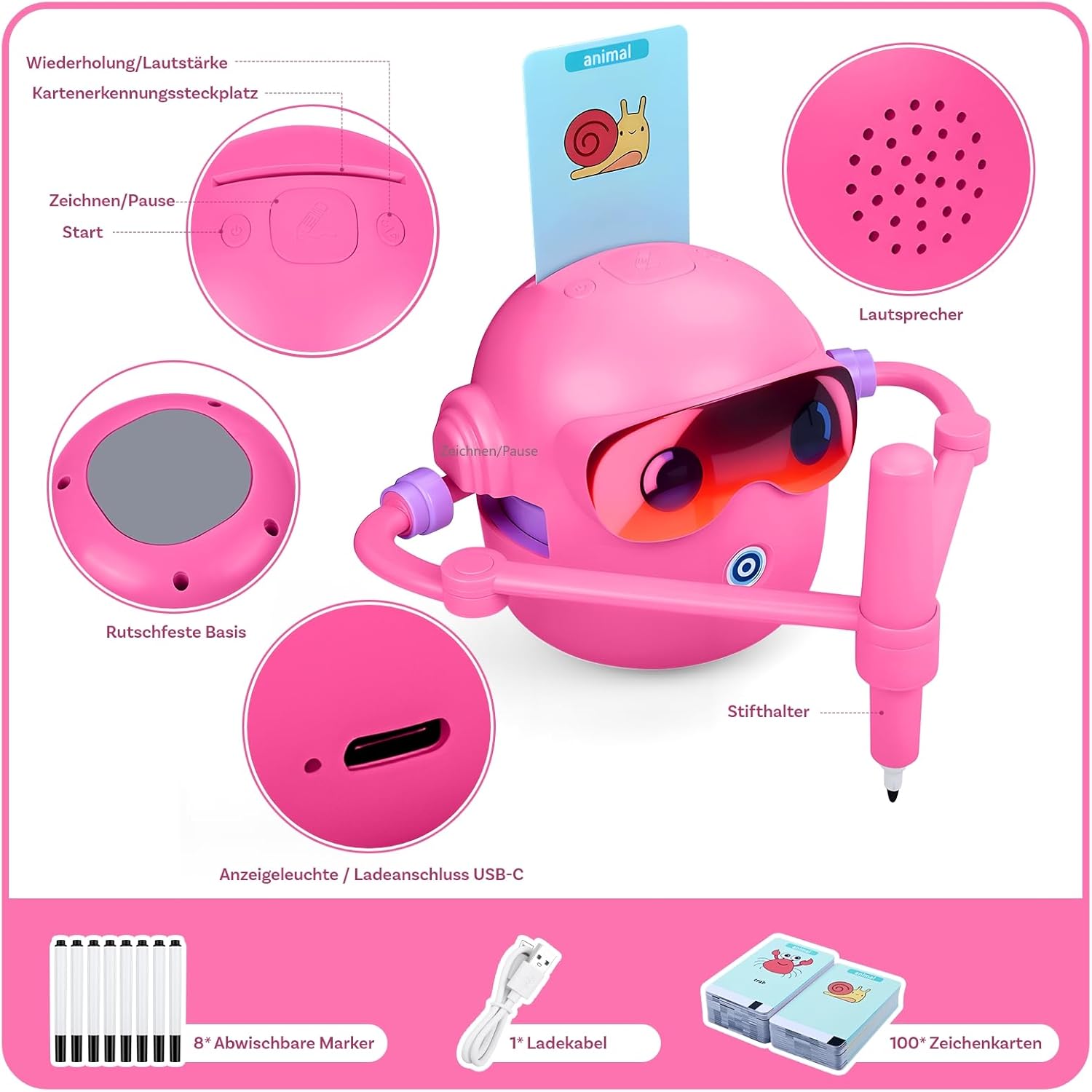 MMOBIEL Zeichenroboter für Kinder, Interaktives Lernspielzeug mit 100 Zeichenkarten, Sprachführung, 12 Buntstiften & USB-C-Akku, Kreatives Geschenk für Kinder von 3-9 Jahren, Rosa – Bild 6