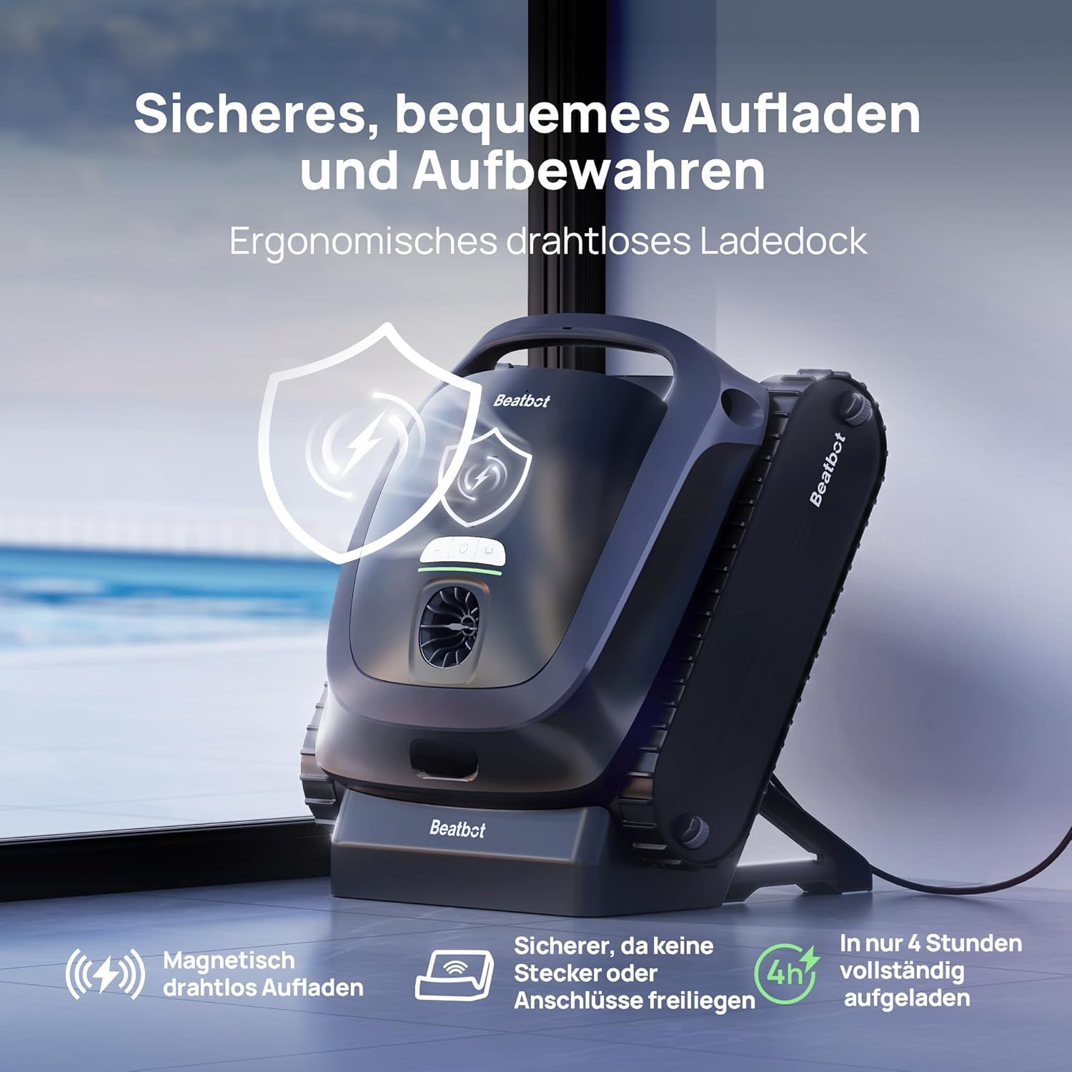 Beatbot AquaSense 2 Poolroboter, Akku-Poolsauger mit Parkfunktion, Poolreiniger Boden und Wand, doppelte Reinigung der Wasserlinie, für Pools bis 300 m², Mitternachtsblau – Bild 8