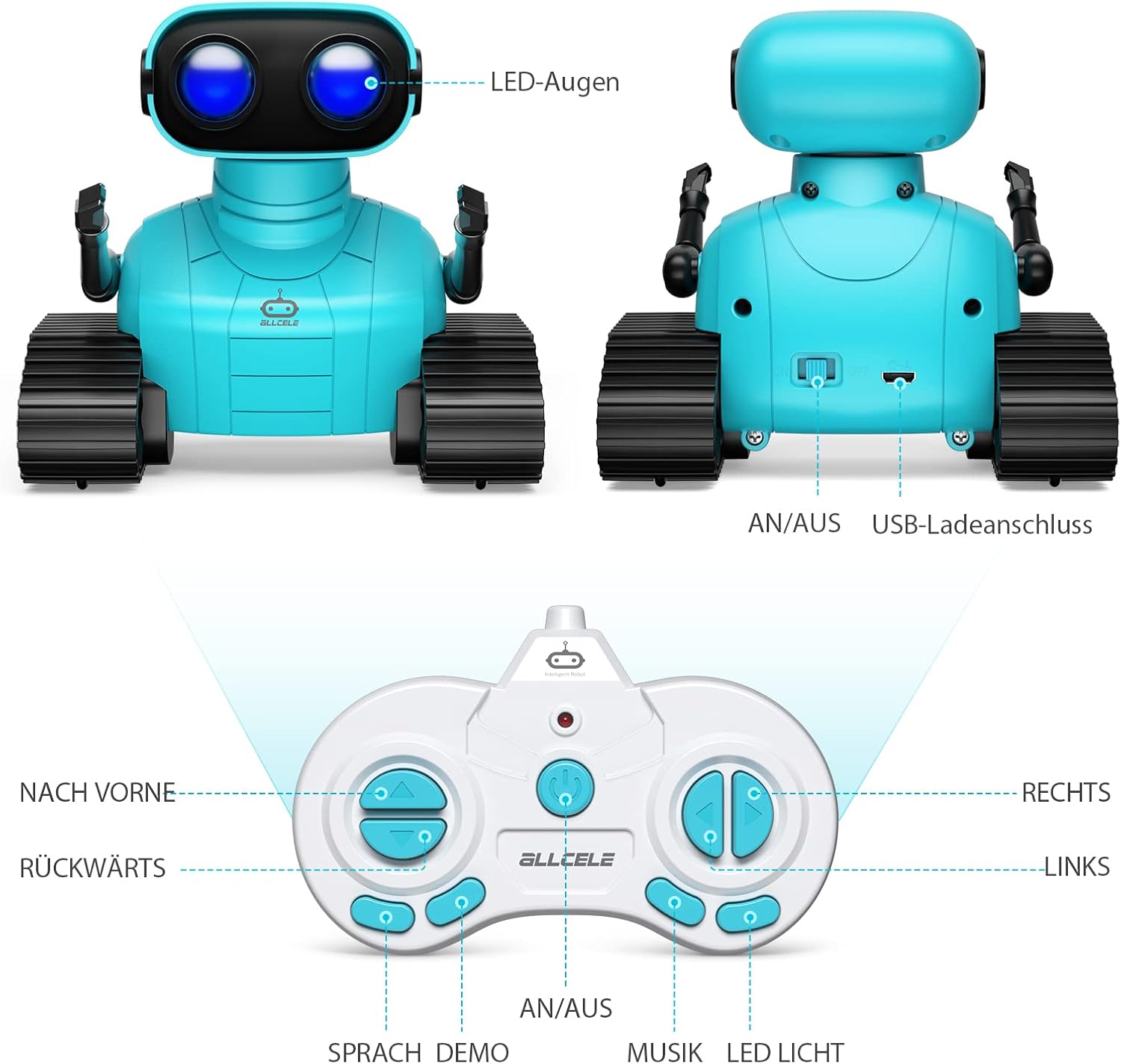 ALLCELE Roboter-Kinderspielzeug, wiederaufladbar, ferngesteuert, mit LED-Augen, Musik und interessanten Geräuschen für Alter 3, 4, 5, 6, 7, 8 Jahre, Jungen und Mädchen, Geschenk, Blau – Bild 5