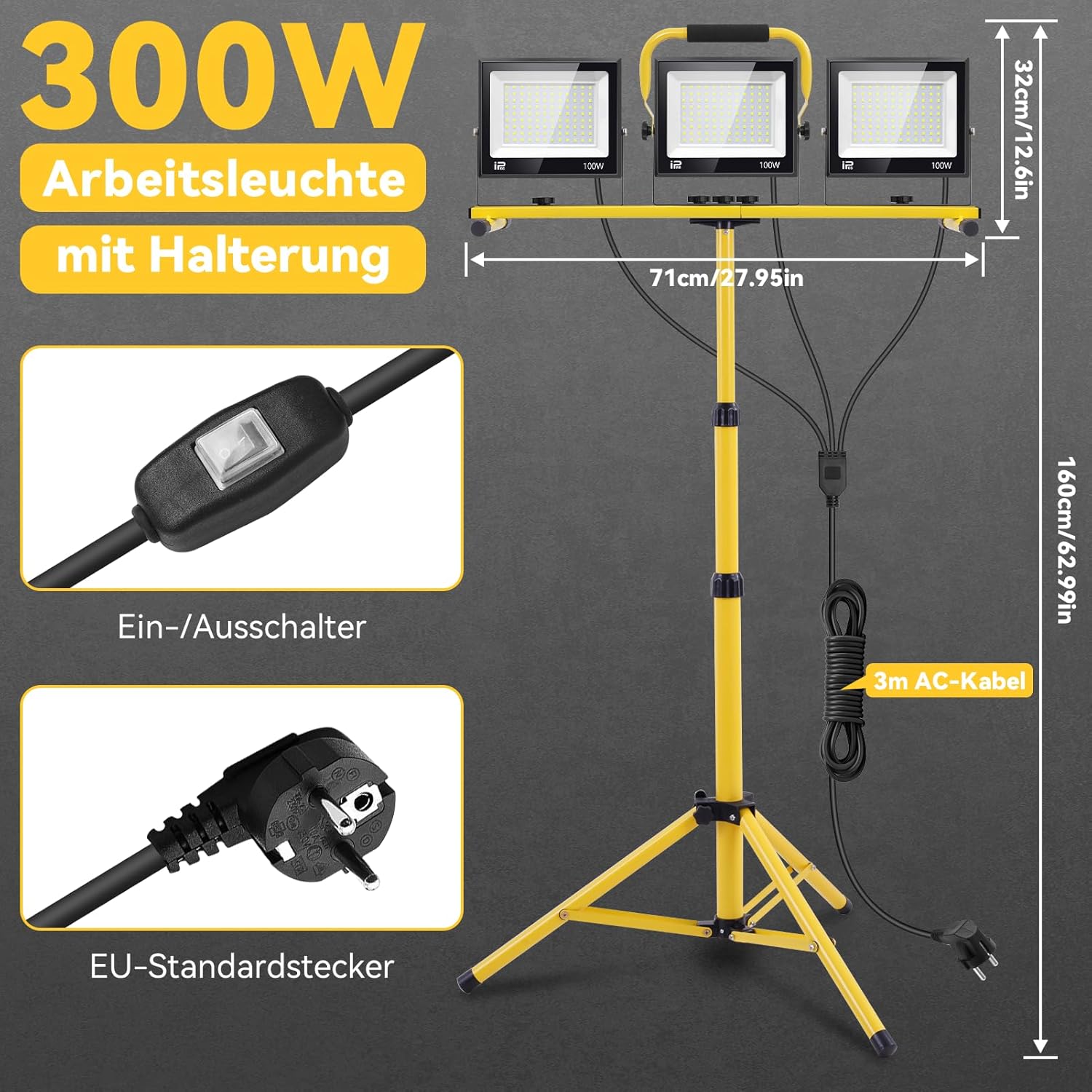 300W LED Baustrahler 6500K Richtungsverstellbar LED Baustrahler 230V Kaltweißer Scheinwerfer 30000lm Arbeitsleuchte IP65 Wasserdichter Bauscheinwerfer für Baustellen – Bild 2