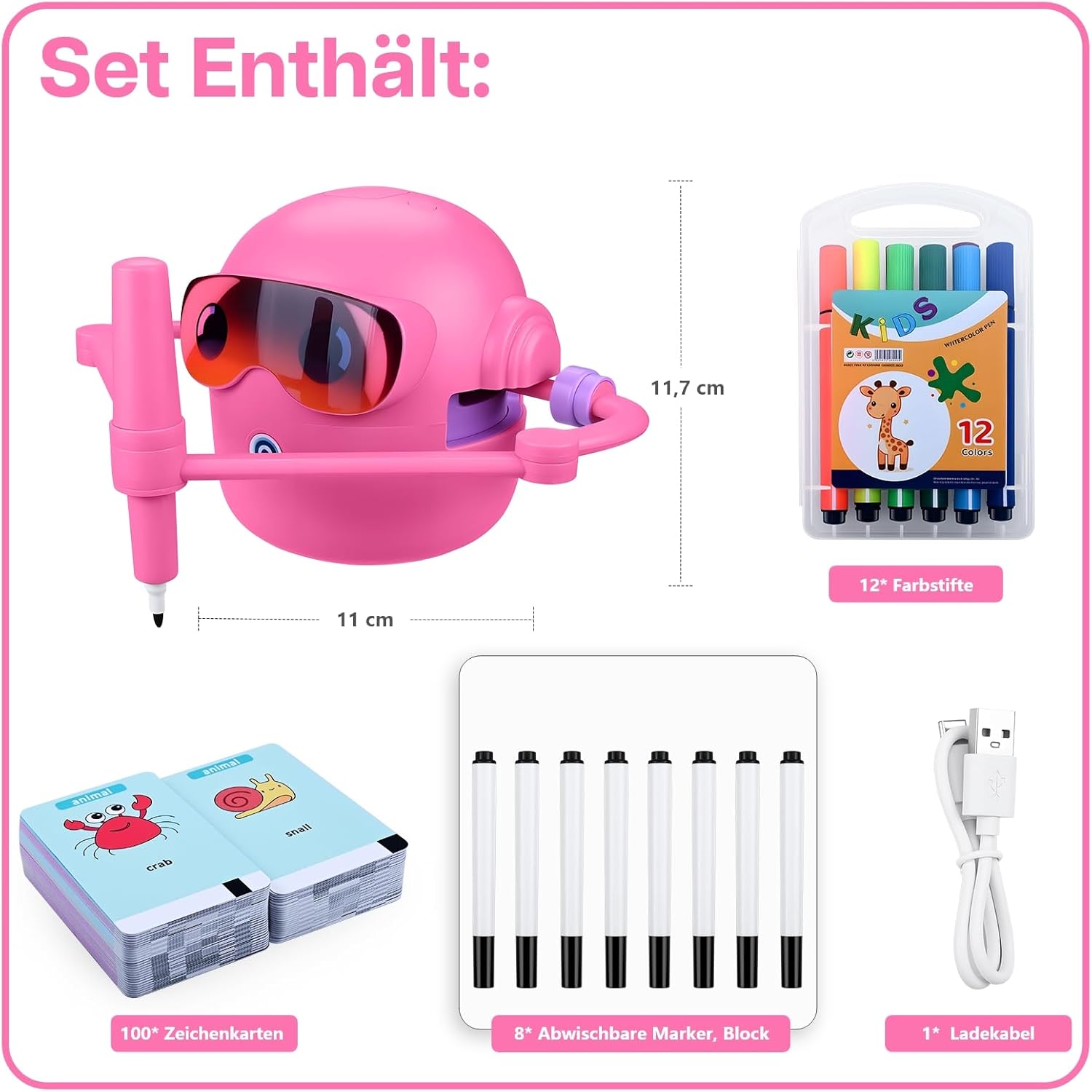 MMOBIEL Zeichenroboter für Kinder, Interaktives Lernspielzeug mit 100 Zeichenkarten, Sprachführung, 12 Buntstiften & USB-C-Akku, Kreatives Geschenk für Kinder von 3-9 Jahren, Rosa – Bild 2