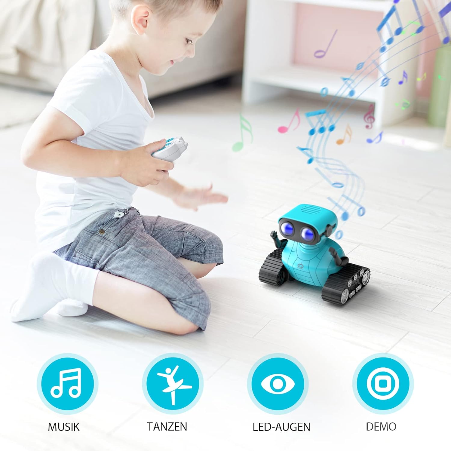 ALLCELE Roboter-Kinderspielzeug, wiederaufladbar, ferngesteuert, mit LED-Augen, Musik und interessanten Geräuschen für Alter 3, 4, 5, 6, 7, 8 Jahre, Jungen und Mädchen, Geschenk, Blau – Bild 3