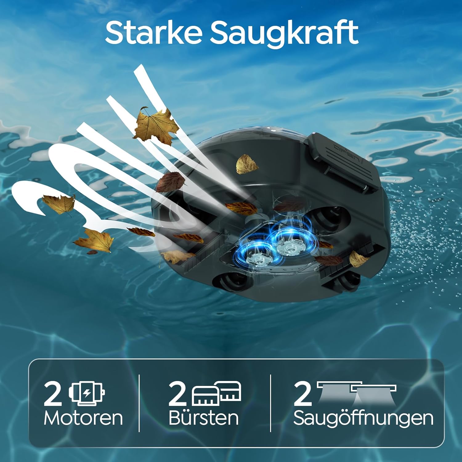 S2 Poolroboter, Doppelfiltration, kabelloser Poolstaubsauger, Akku, 90-minütige automatische Reinigung mit Selbstparkfunktion, Poolreiniger mit zwei Motoren für flache Böden, Pools bis zu 80 m² – Bild 3