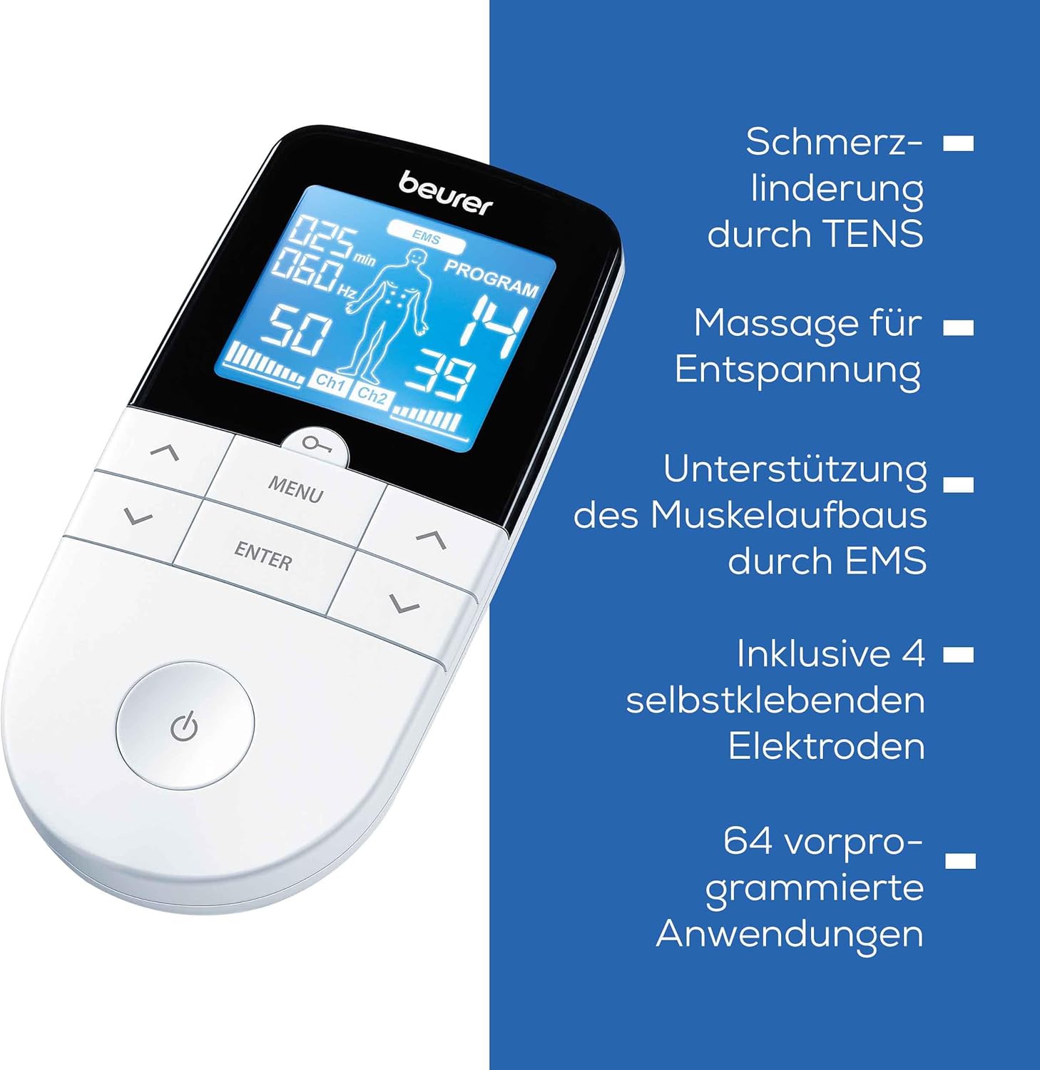 Beurer EM 49 Digitales TENS/EMS, 3-in-1 Elektrostimulationsgerät zur Schmerzlinderung durch elektrische Nervenstimulation, Training durch elektrische Muskelstimulation, Massagefunktion, inklusive 4 Elektroden – Bild 8