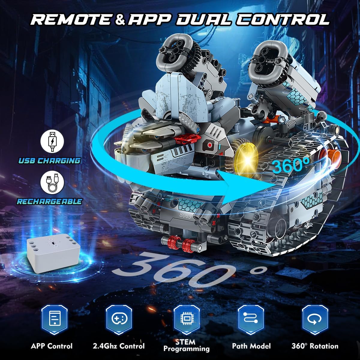 INSOON Technik Roboter Bauspielzeug mit Lichtern, 5-in-1 Roboter-Klemmbausteine mit App & Fernbedienung, RC-Panzer-Bausteine, 795 Teile, Lernspielzeug-Geschenk für Kinder, Jungen, Mädchen ab 14 Jahren – Bild 5