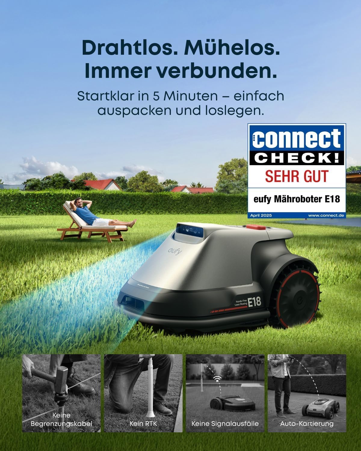 eufy E18 Mähroboter ohne Begrenzungskabel, ohne RTK und Signalausfälle, TrueVision-Technologie, GNSS bis 1200 m², präziser Kantenschnitt, Hindernisvermeidung, App-Steuerung, tierfreundlich – Bild 2