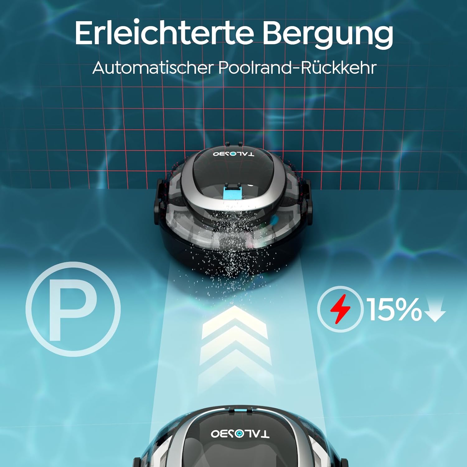 S2 Poolroboter, Doppelfiltration, kabelloser Poolstaubsauger, Akku, 90-minütige automatische Reinigung mit Selbstparkfunktion, Poolreiniger mit zwei Motoren für flache Böden, Pools bis zu 80 m² – Bild 6