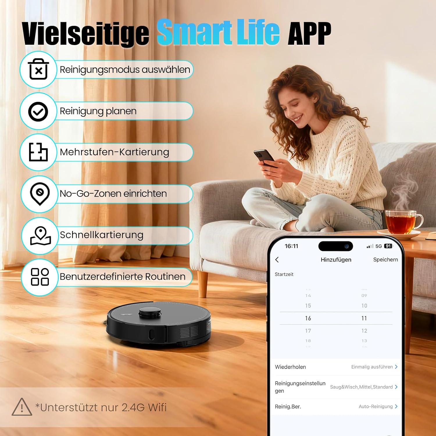 Saugroboter mit Wischfunktion, Staubsaugerroboter mit Saugstation 3,5 L, 5000 Pa Saugleistung, LiDAR-Navigation, E10+ Saug- und Wischroboter für Tierhaare, Teppichböden, ca – Bild 8