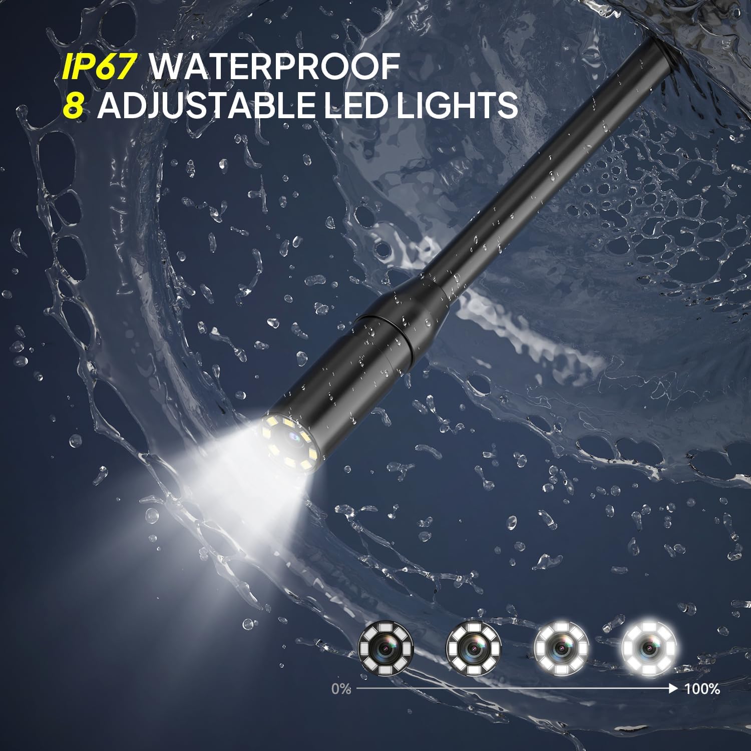 Qimic Endoskopkamera mit Licht, 1080P HD-Röhrenkamera mit 8 LEDs, 2,4-Zoll-IPS-IP67-Bildschirm, Inspektionskamera, Live-Bild mit 2-fachem Zoom, halbstarres Kabel, 16,4 Fuß, 2000-mAh-Akku – Bild 5